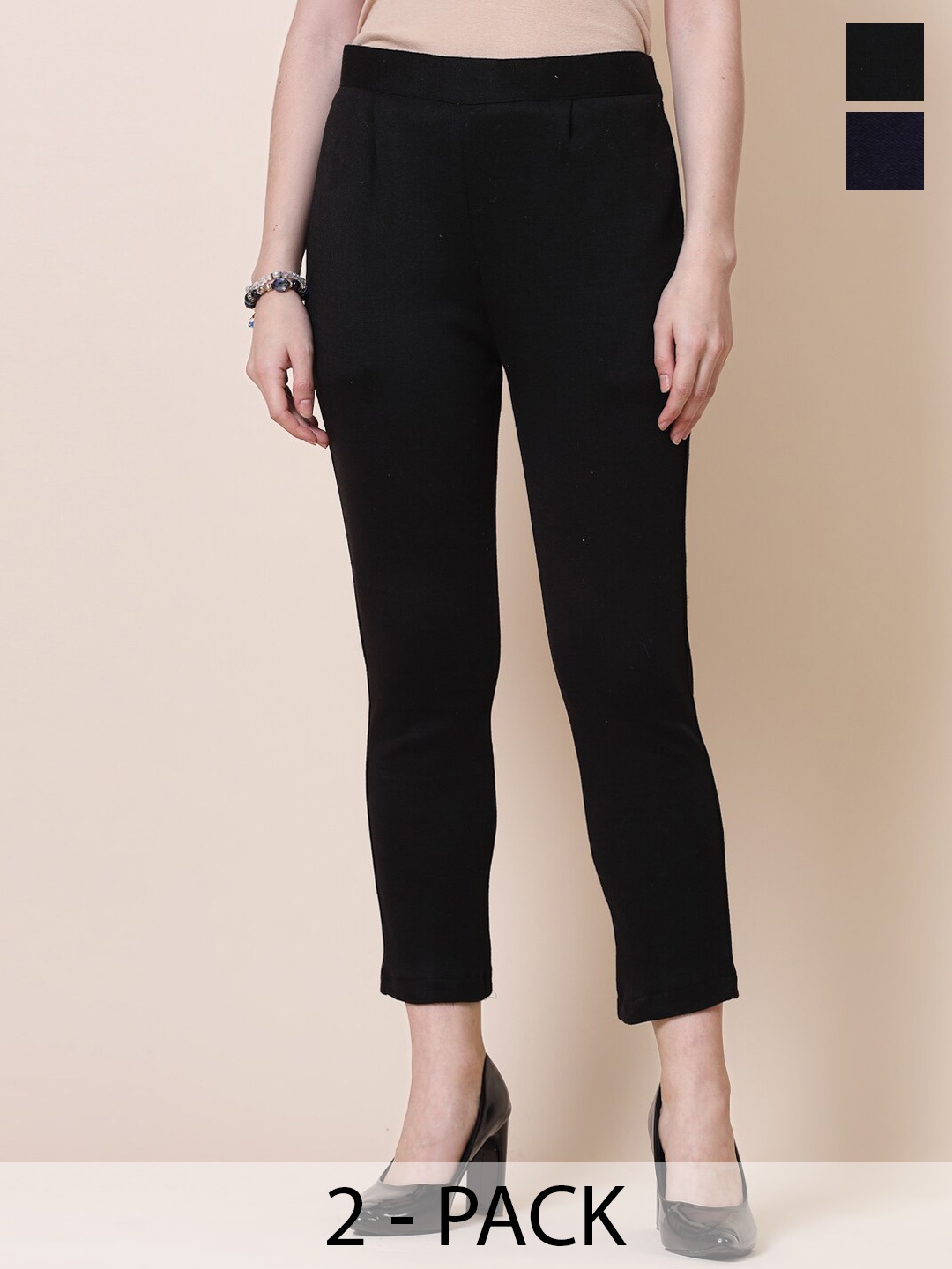 

Clora Creation Women Pack of 2 Smart Fit Mid-Rise Easy Wash Woollen Cigarette Trousers, Black