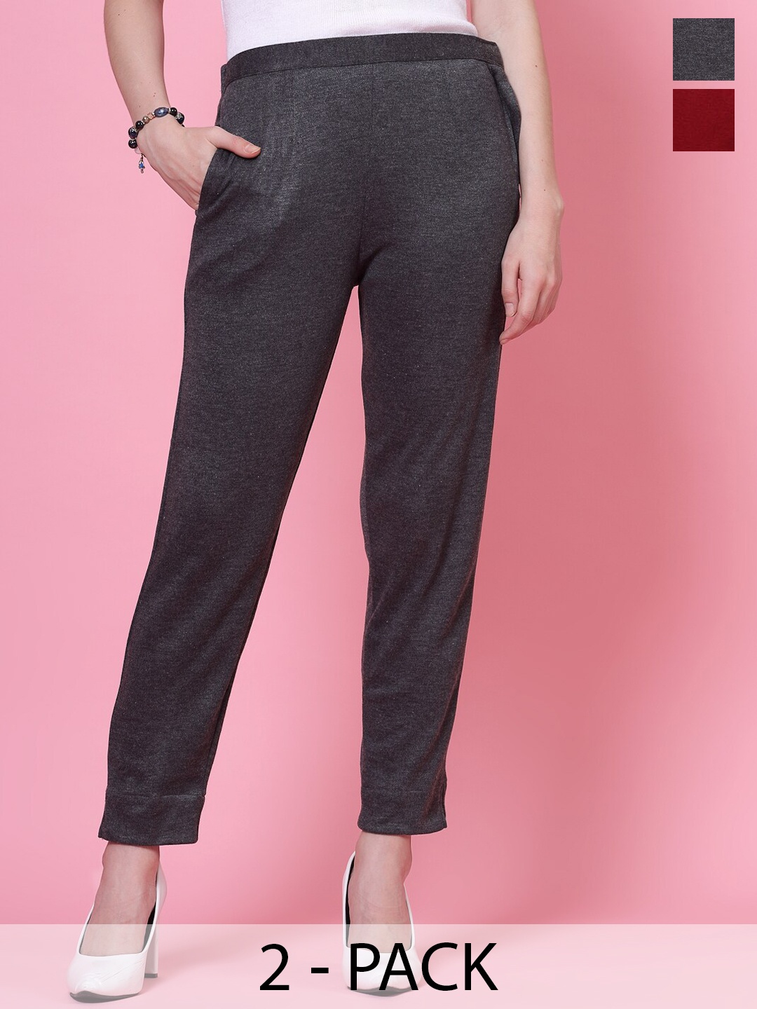 

Clora Creation Women Pack of 2 Smart Fit Mid-Rise Easy Wash Woollen Cigarette Trousers, Grey