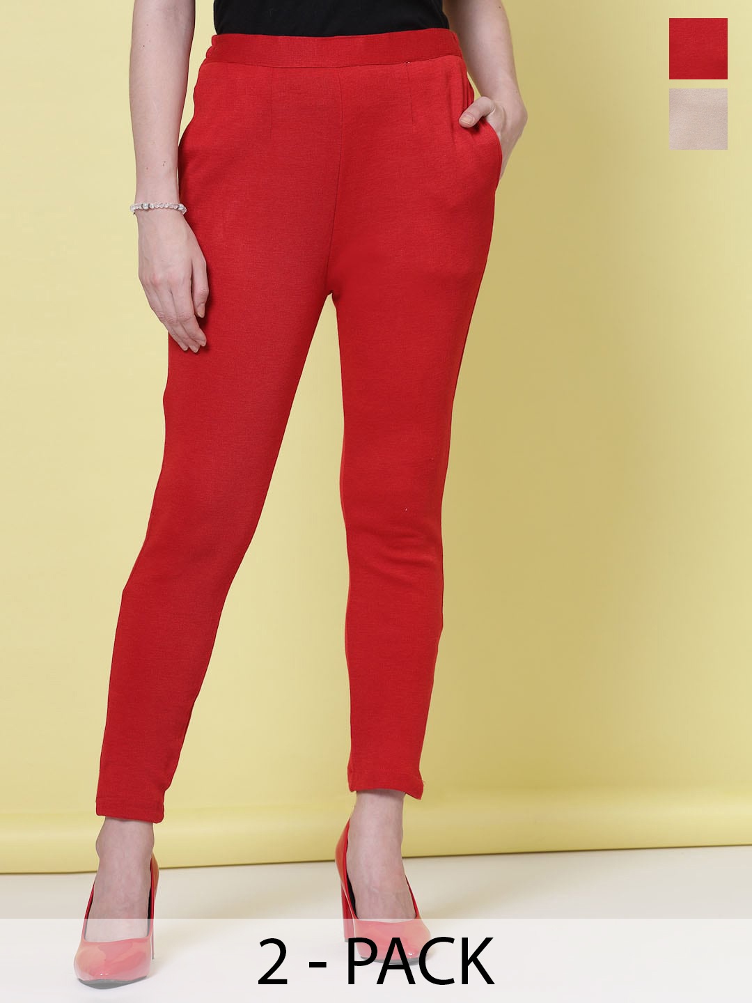 

Clora Creation Women Pack Of 2 Smart Mid-Rise Easy Wash Woollen Trousers, Red