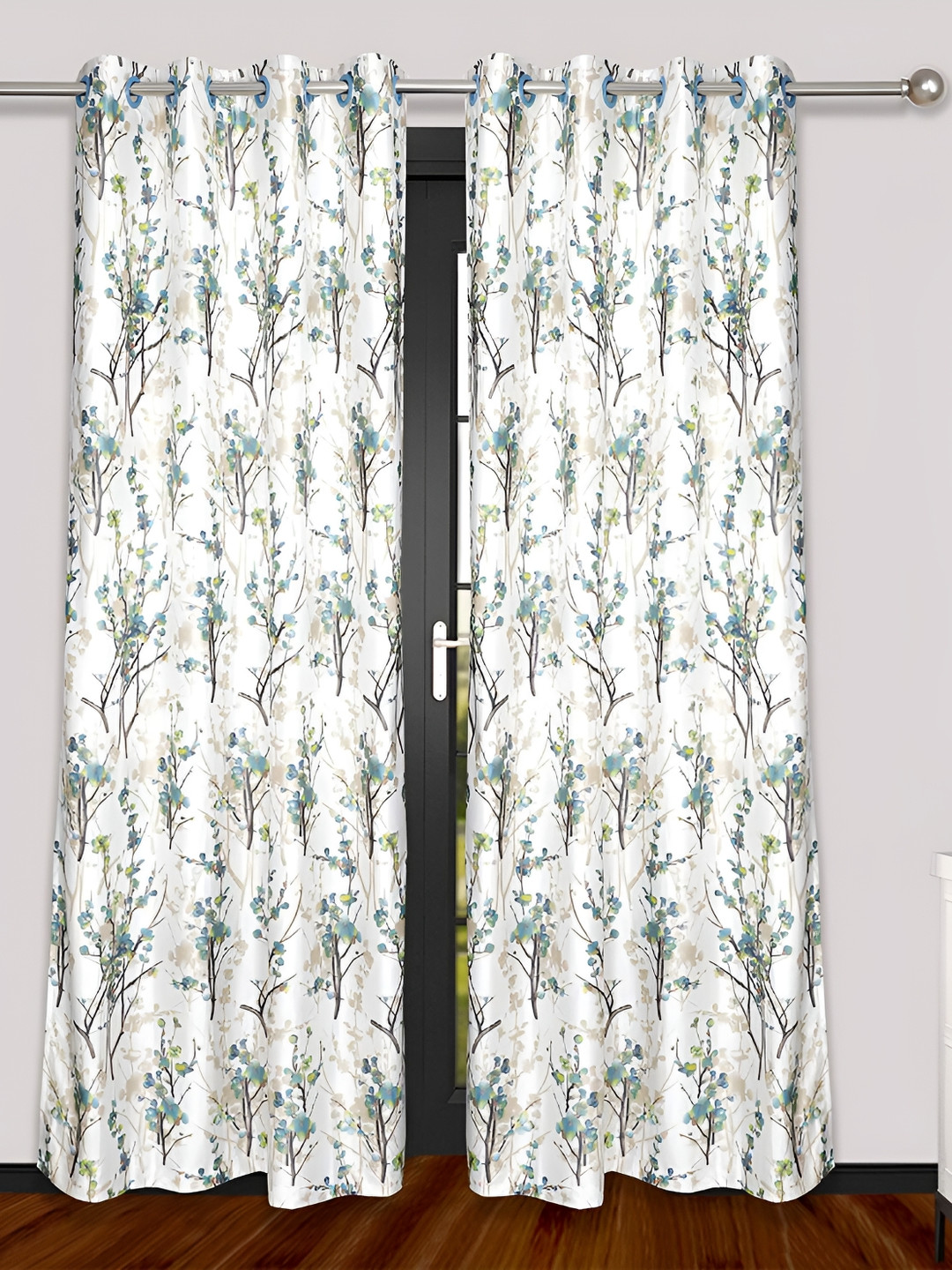 

REYANSH DECOR Turquoise Blue & Off White 2 Pieces Floral Printed Door Curtains