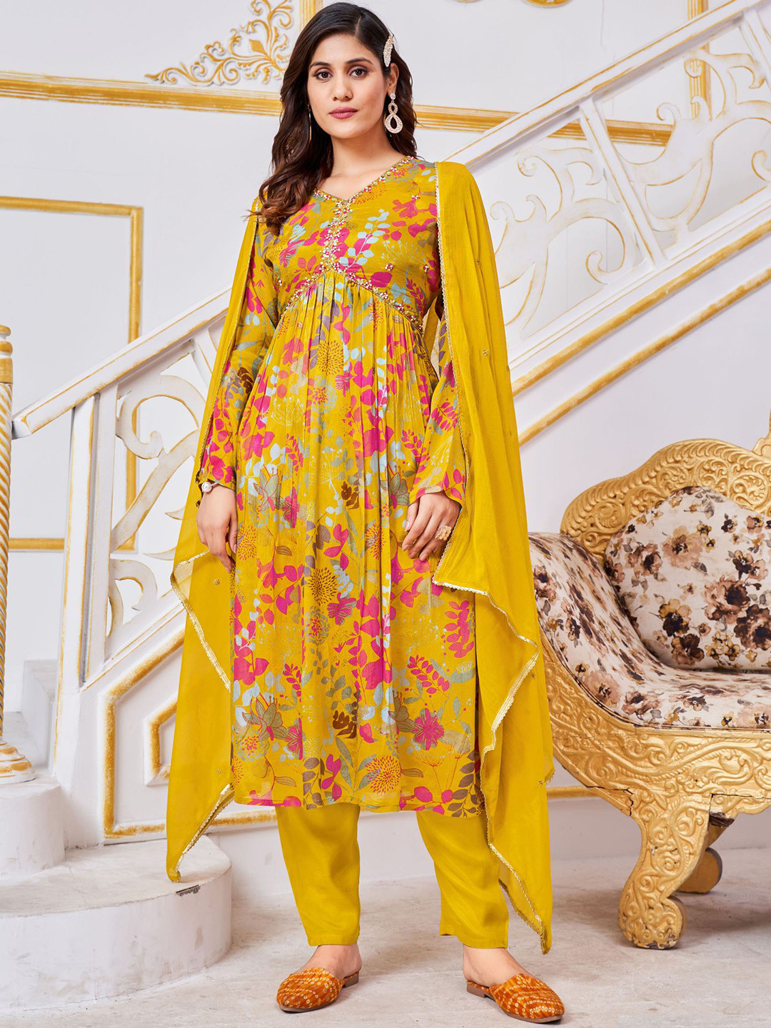 

KALINI Floral Printed Beads and Stones Georgette Kurta with Trousers & With Dupatta, Yellow