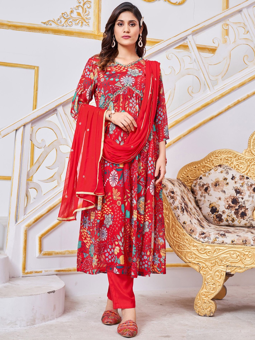 

KALINI Floral Printed V-Neck Empire Anarkali Beads and Stones Kurta Set With Dupatta, Red