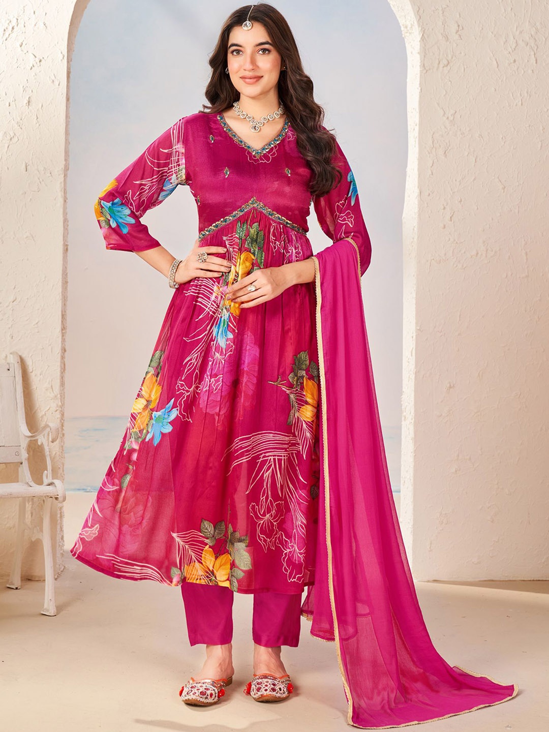 

KALINI Floral Pleated V-Neck Beads and Stones Georgette Kurta with Trousers & Dupatta, Pink