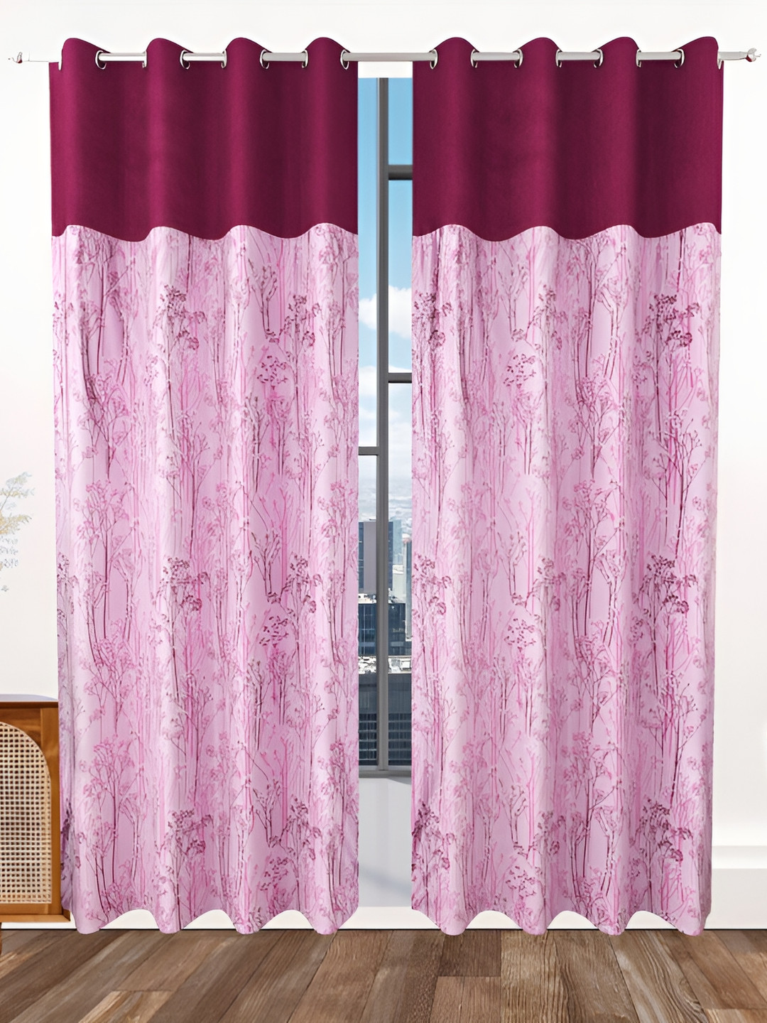 

Ville Style Purple & Pink 2Pcs Floral Room Darkening Long Door Curtains