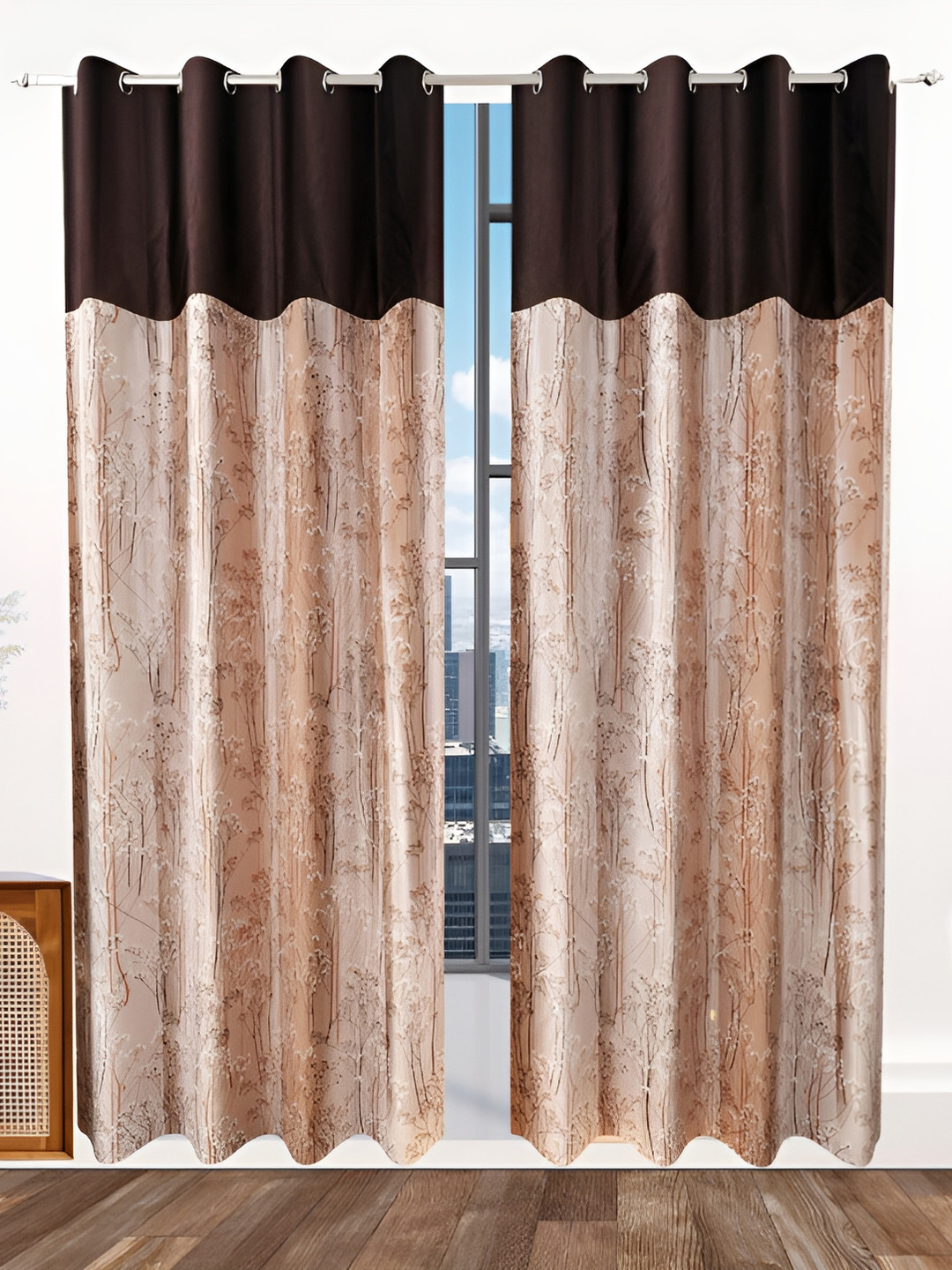 

Ville Style Brown 2Pcs Floral Room Darkening Long Door Curtains
