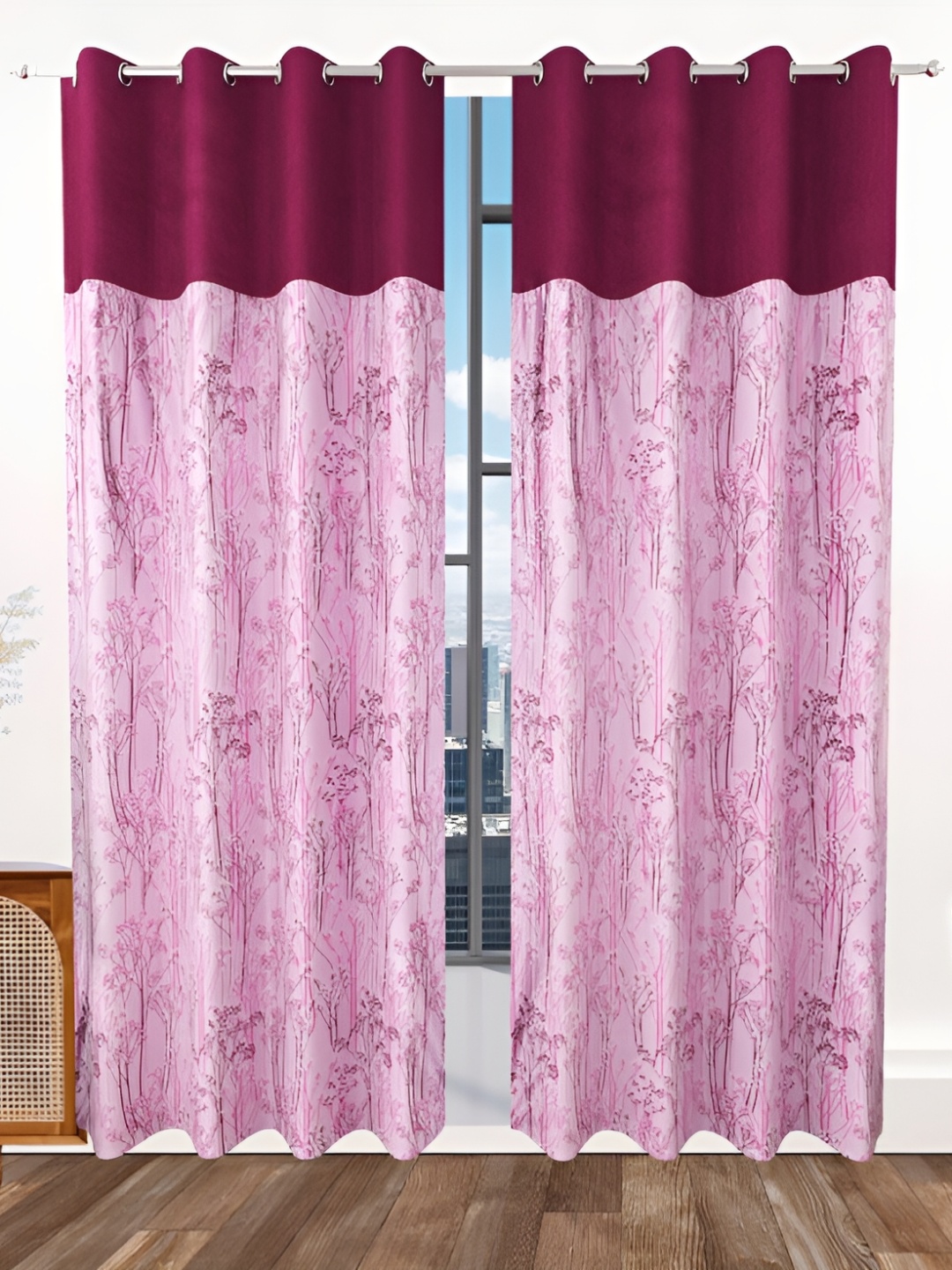Ville Style Purple 2 Pcs Floral Room Darkening Door Curtains