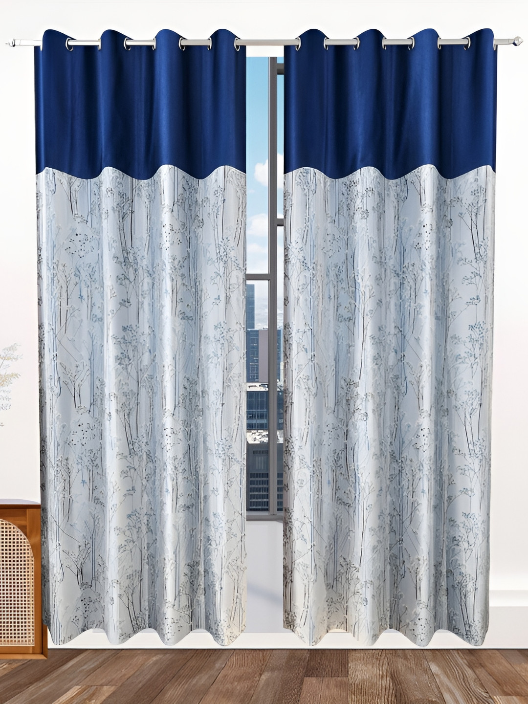 

Ville Style Blue & Grey 2 Pcs Floral Room Darkening Long Door Curtains