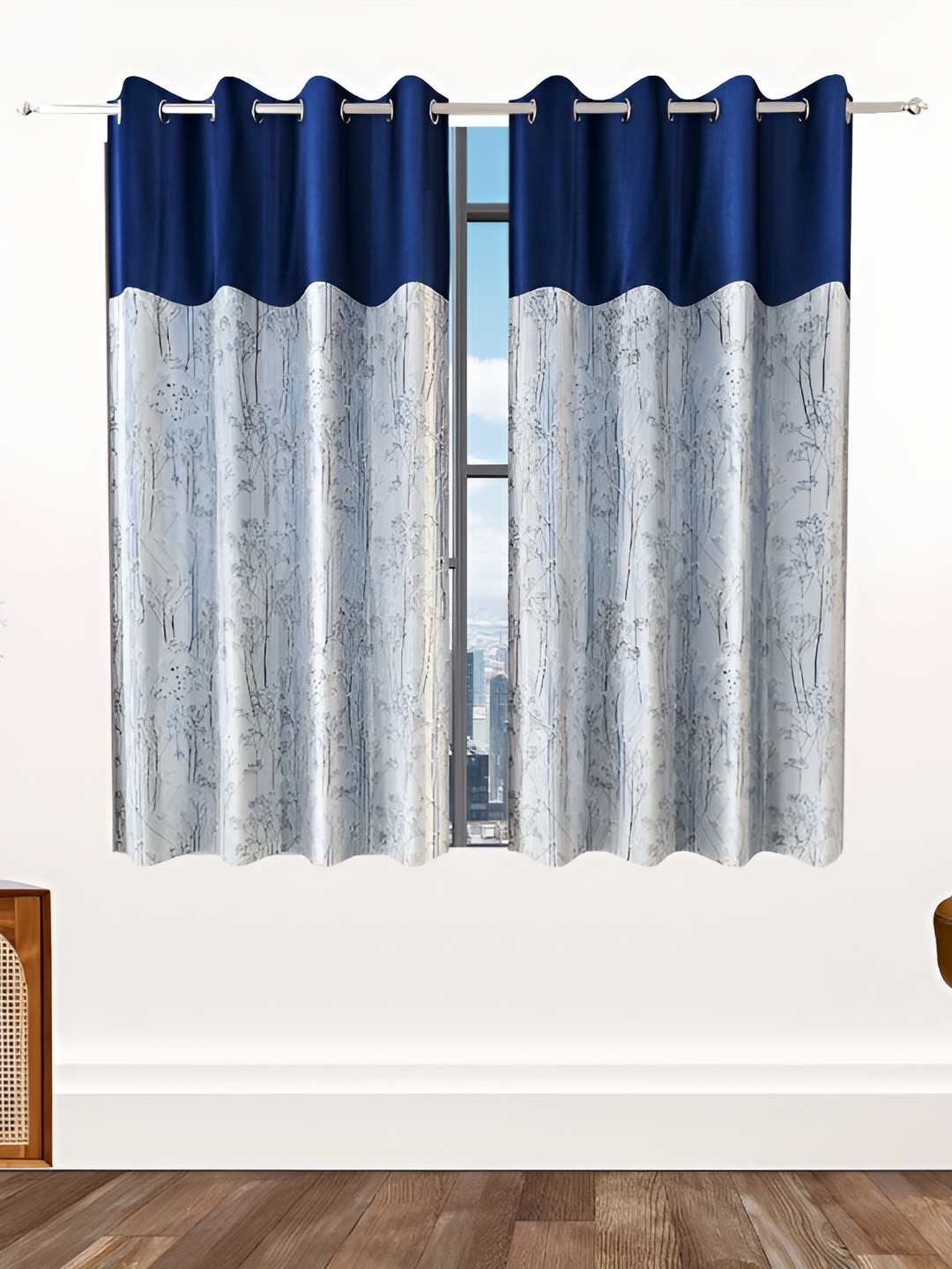 

Ville Style Blue & Grey 2Pcs Floral Room Darkening Window Curtains