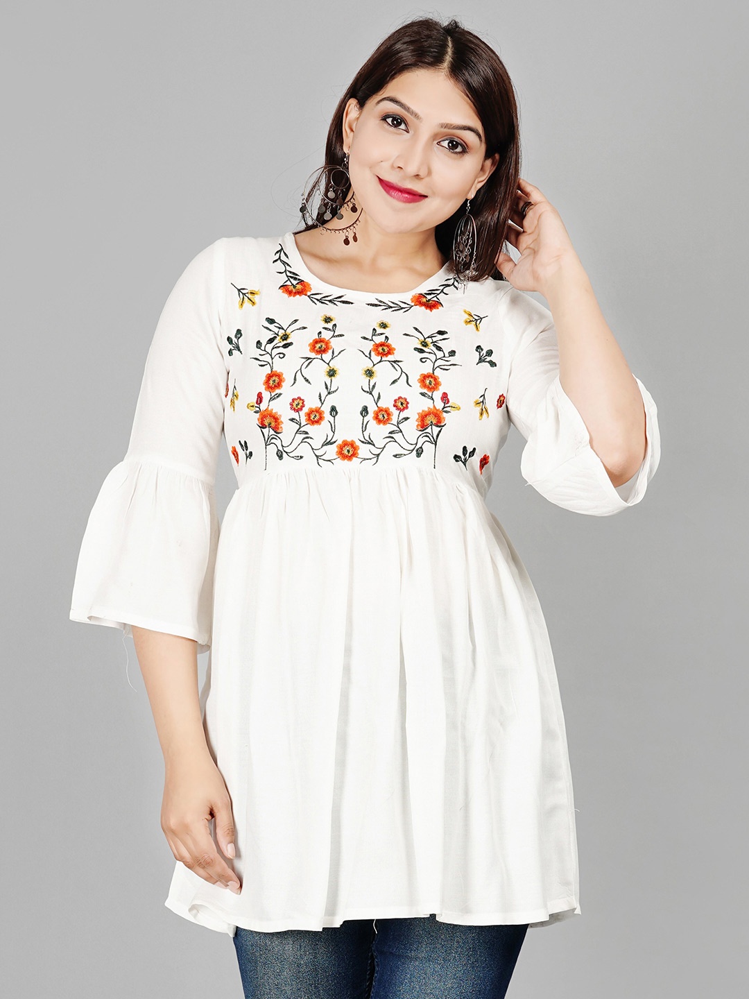 

KALINI Floral Embroidered Bell Sleeves Thread Work Detailed Pleated A-Line Kurti, White