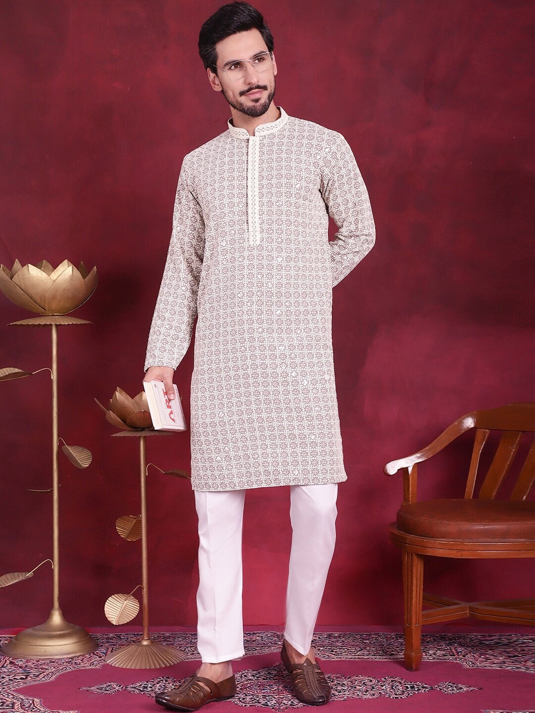 

Anouk Brown Ethnic Motifs Embroidered Sequinned Kurta With Trousers