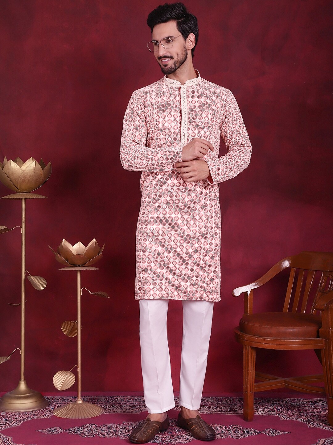 

Anouk Peach Geometric Embroidered Sequinned Kurta With Pyjamas