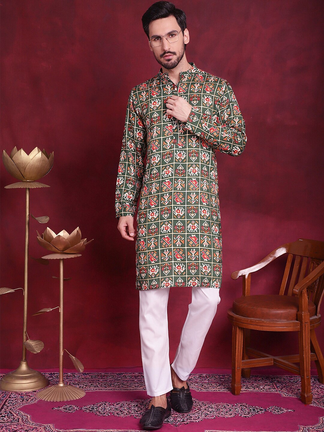 

Anouk Olive Green Ethnic Motifs Printed Band Collar Straight Kurta With Pyjama