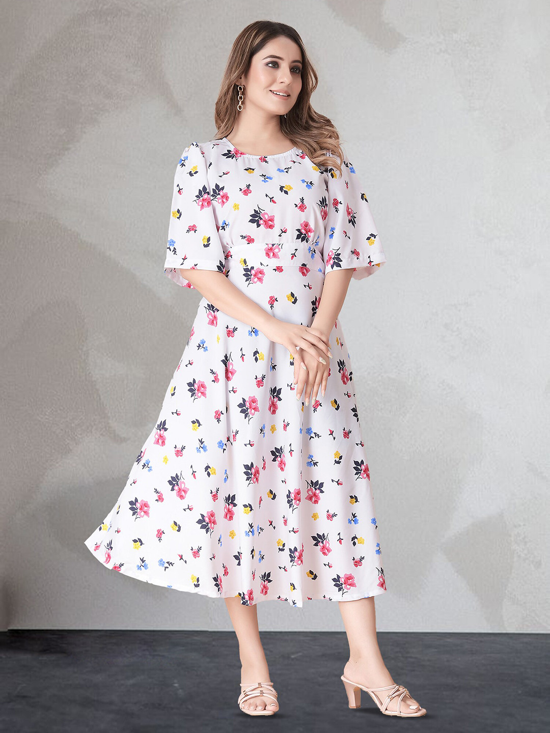 

N N ENTERPRISE Floral Print Flared Sleeve Fit & Flare Midi Dress, White
