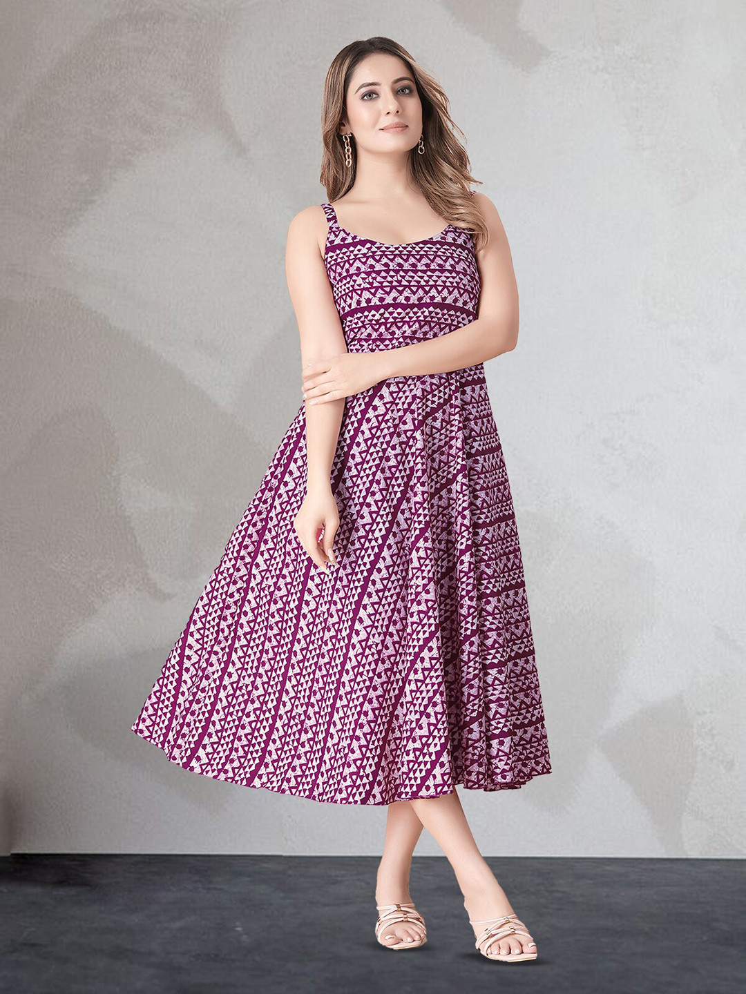 

N N ENTERPRISE Geometric Printed Fit & Flare Midi Dress, Pink