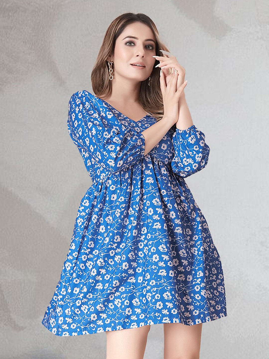 

N N ENTERPRISE Floral Printed A-Line Mini Dress, Blue