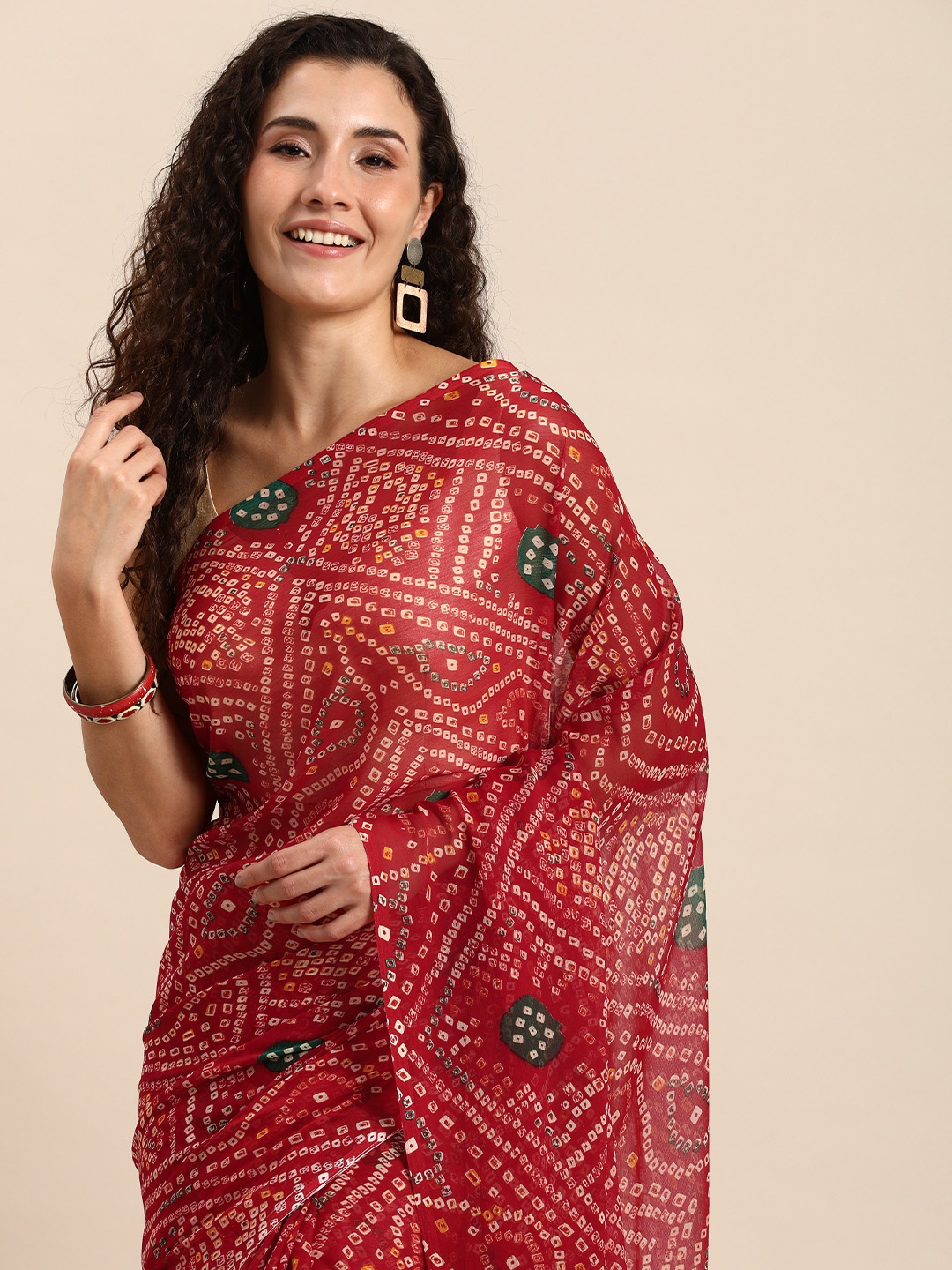 

Rani Saahiba Bandhani Printed Saree, Red