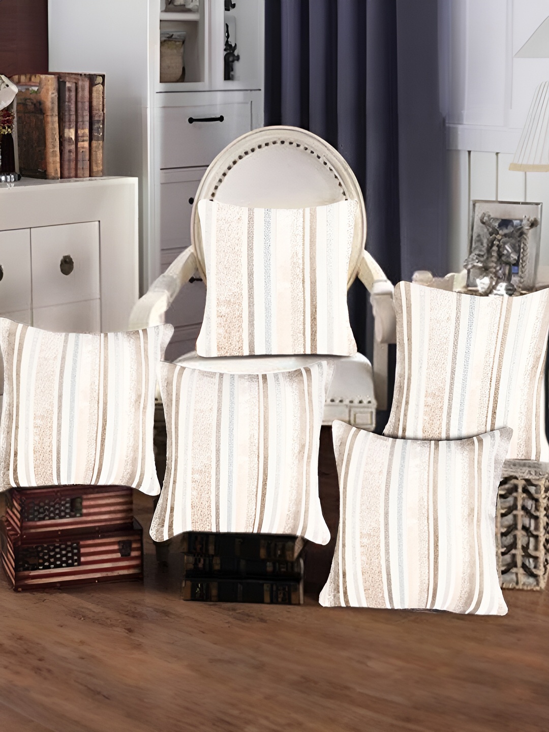 

Tesmare Cream Toned & Beige 5 Pieces Striped Velvet Square Cushion Covers