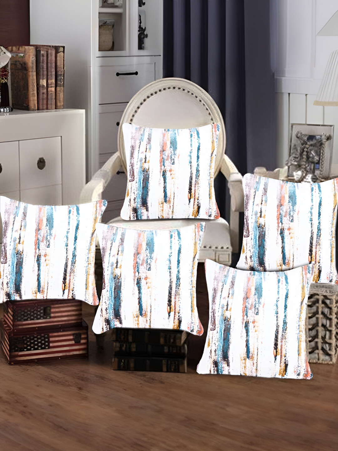 

Tesmare Off White & Blue 5 Pieces Abstract Printed Velvet Square Cushion Covers