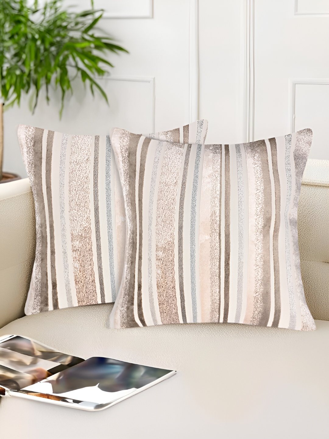 

Tesmare Cream & Brown 2 Pieces Striped Velvet Square Cushion Covers