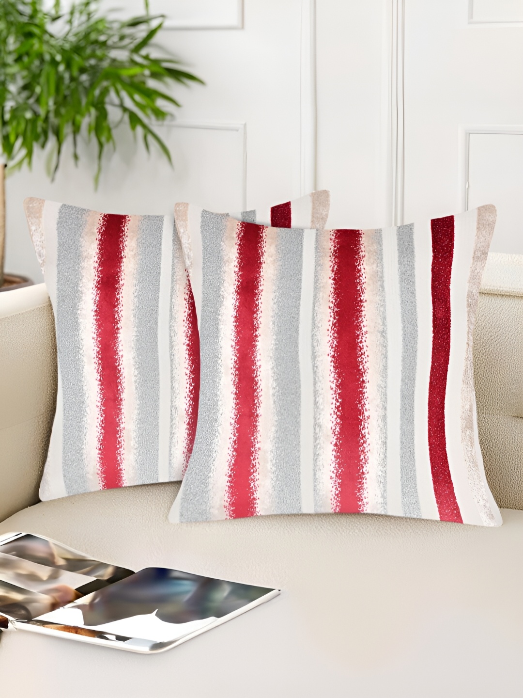 

Tesmare Cream &Red 2 Pieces Striped Velvet Square Cushion Covers