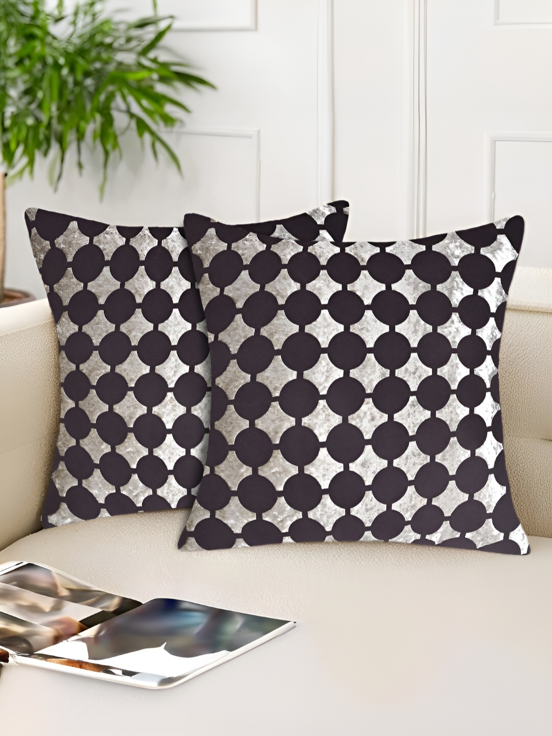 

Tesmare Brown & Grey 2 Pieces Applique Geometric Velvet Square Cushion Covers