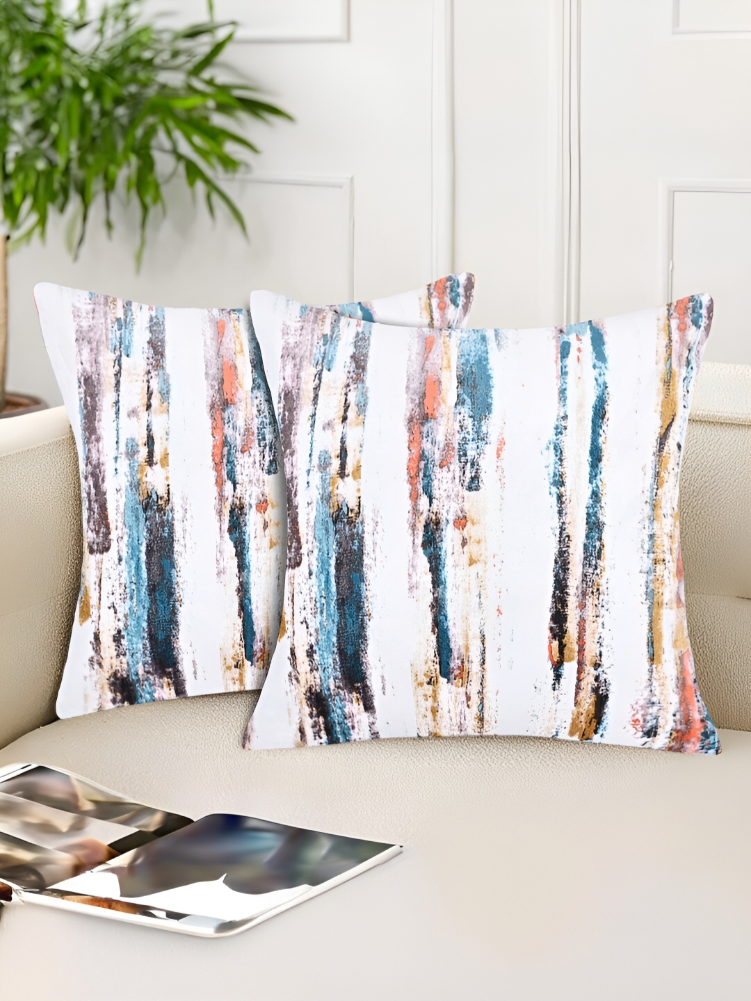 

Tesmare Off White & Blue 2 Pieces Abstract Velvet Square Cushion Covers