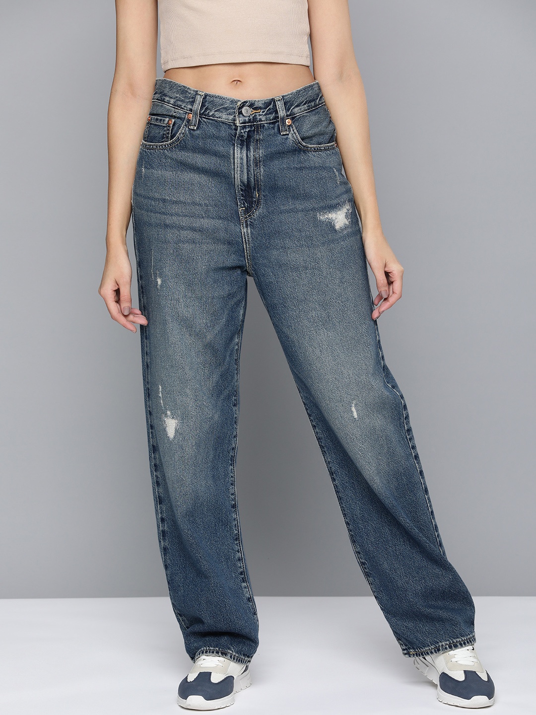 

Levis Women Pure Cotton Straight Fit Mildly Distressed High Rise Jeans, Blue