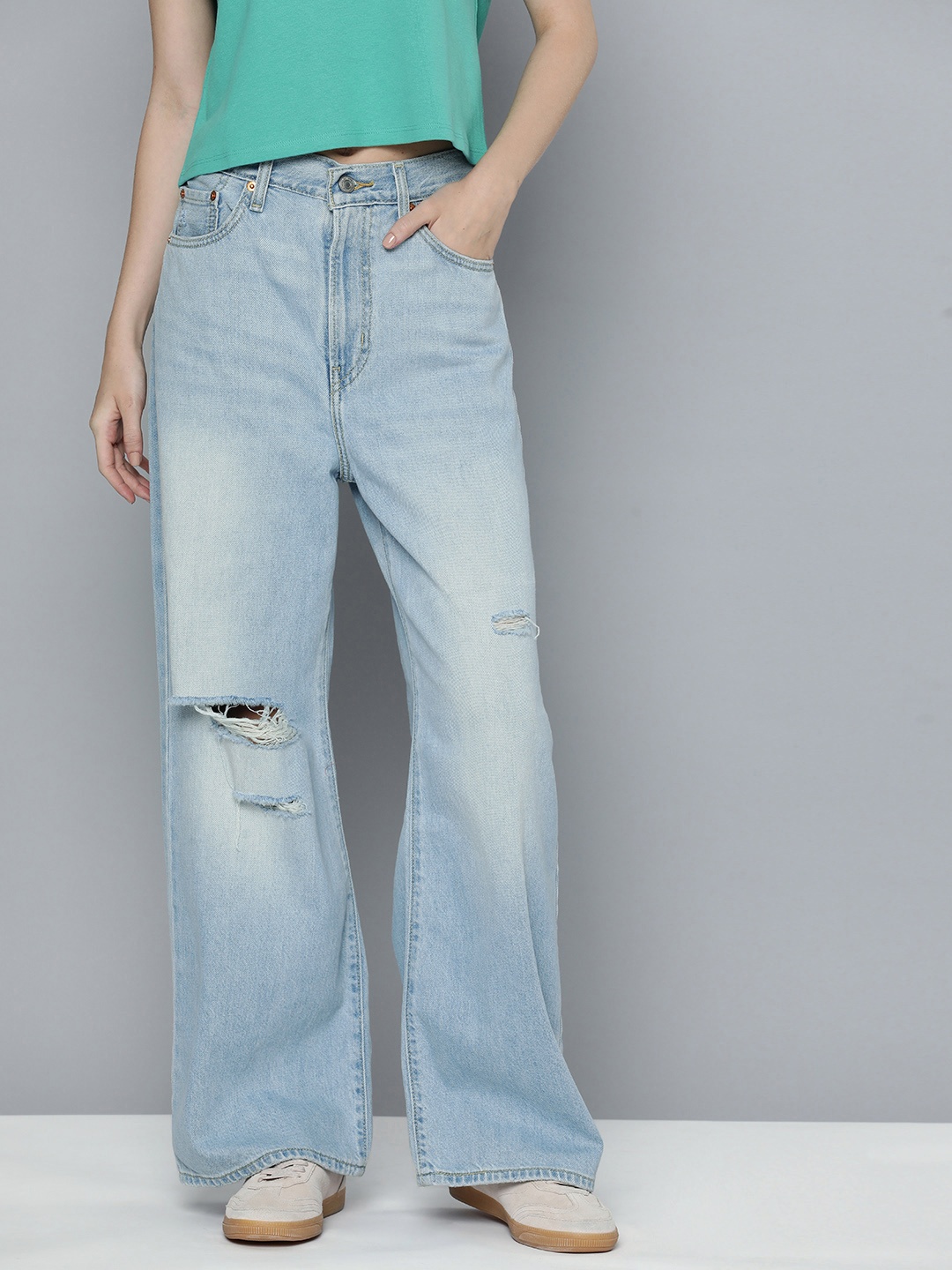 

Levis Women Pure Cotton Wide Leg High-Rise Low Distress Heavy Fade Jeans, Blue