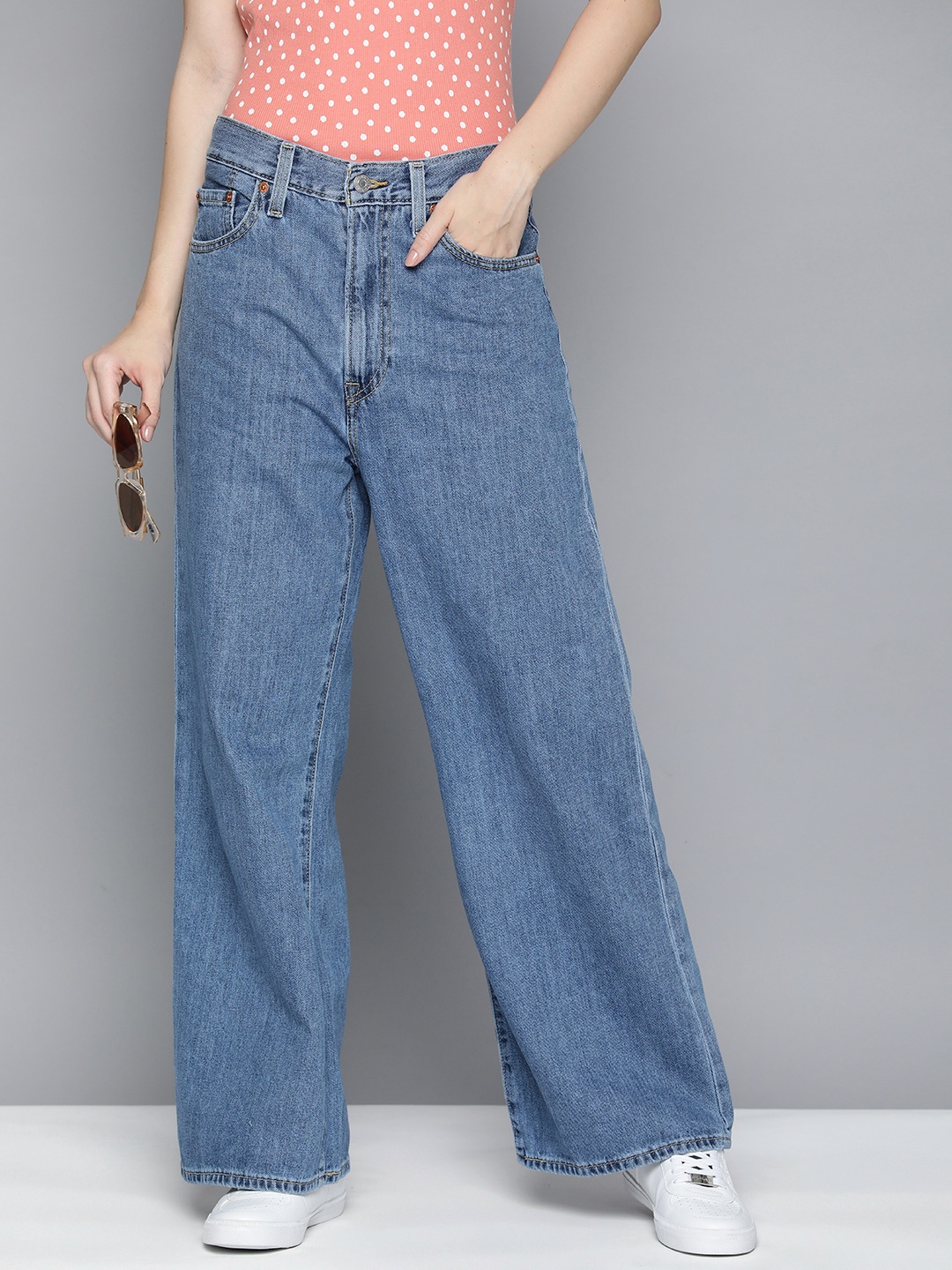

Levis Women Wide Leg Flared High-Rise Mid-Rise Jeans, Blue