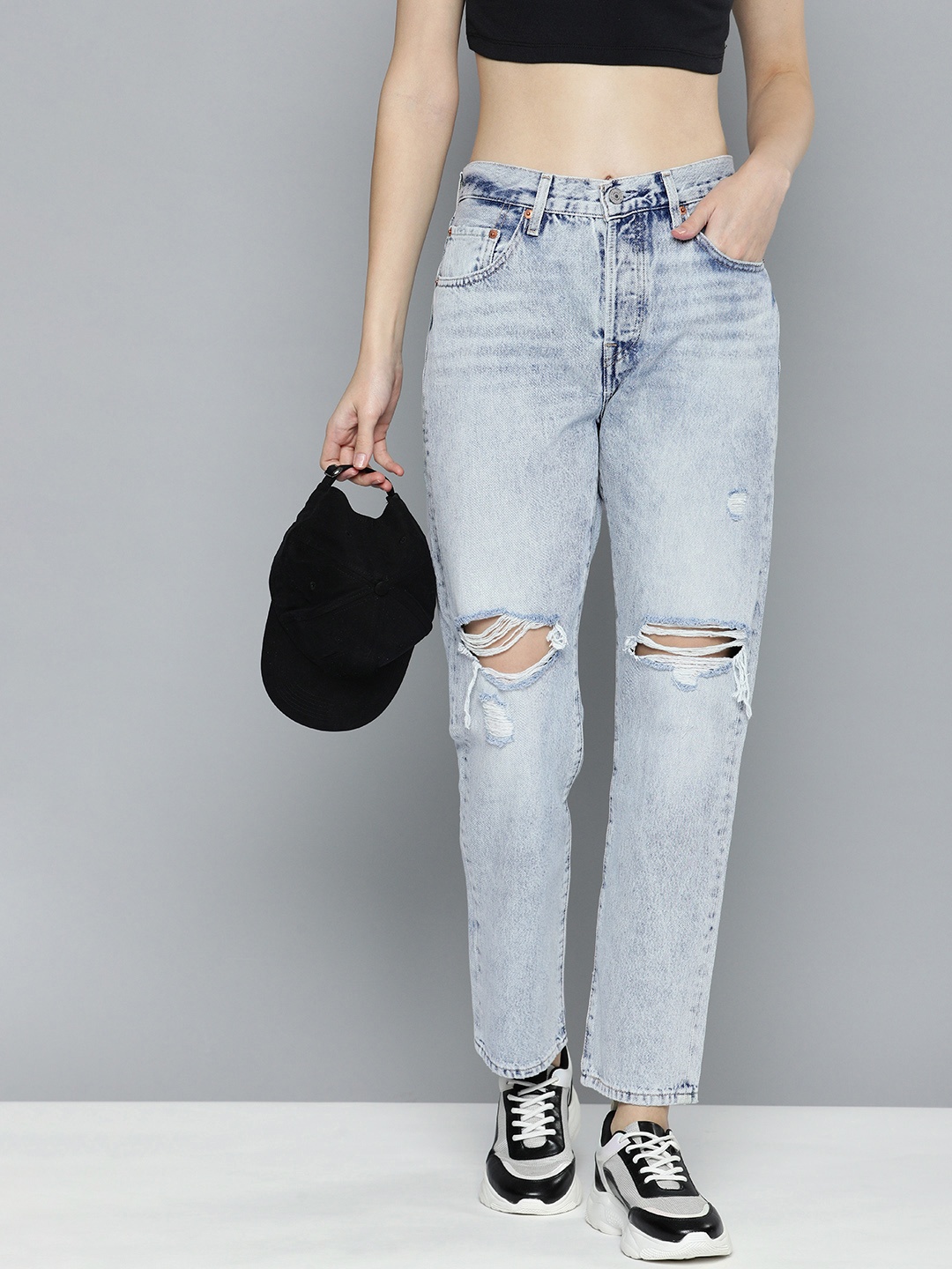 

Levis Women 501 Low Distress Heavy Fade High-Rise Pure Cotton Jeans, Blue