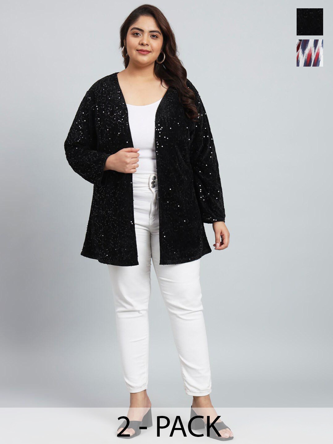 

urSense Pack Of 2 Plus Size Printed Longline Pure Cotton Open Front Shrug, Blue