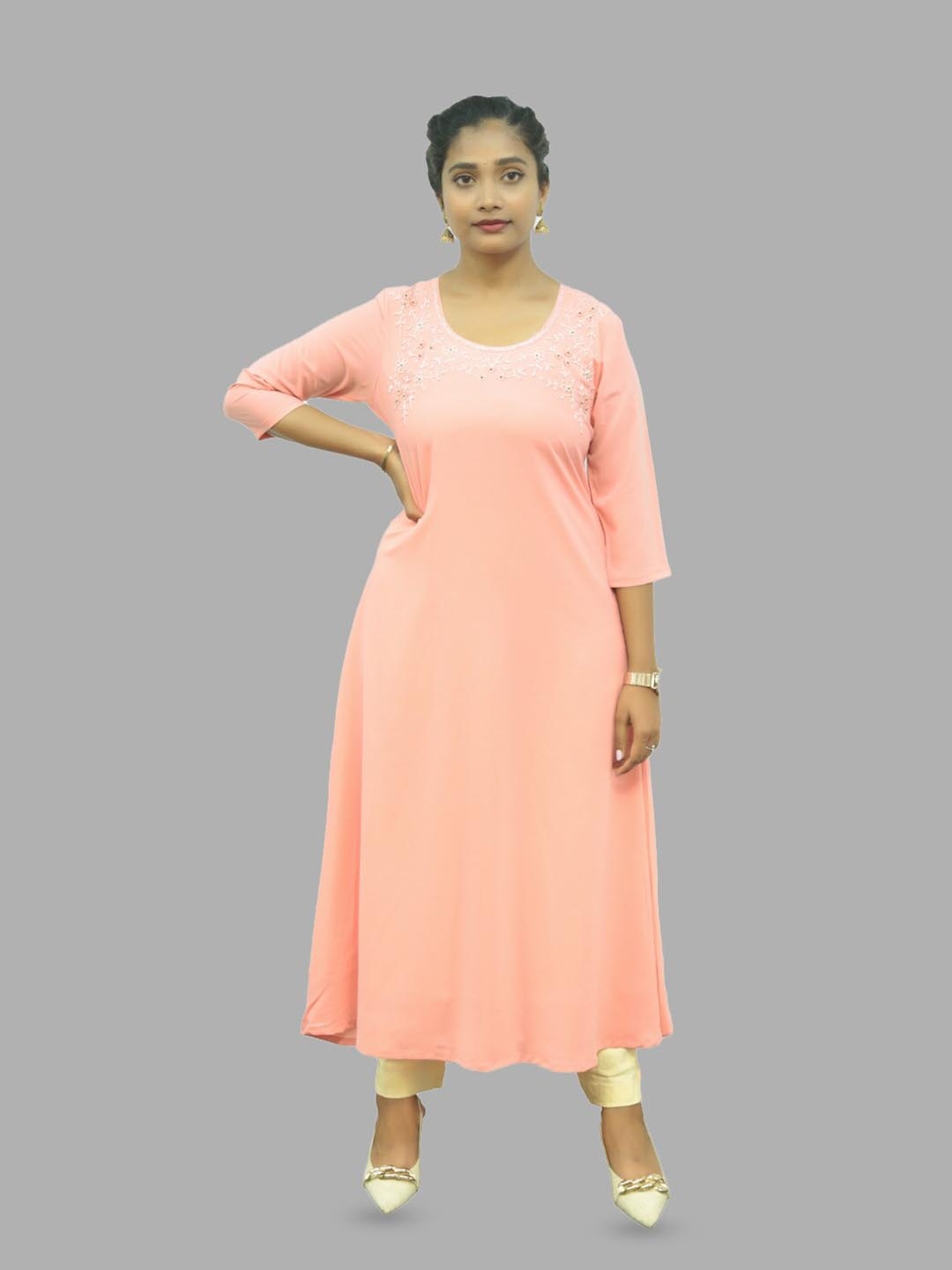 

PUSHKARA Embroidered Pure Cotton Flared Sleeves Kurta, Pink