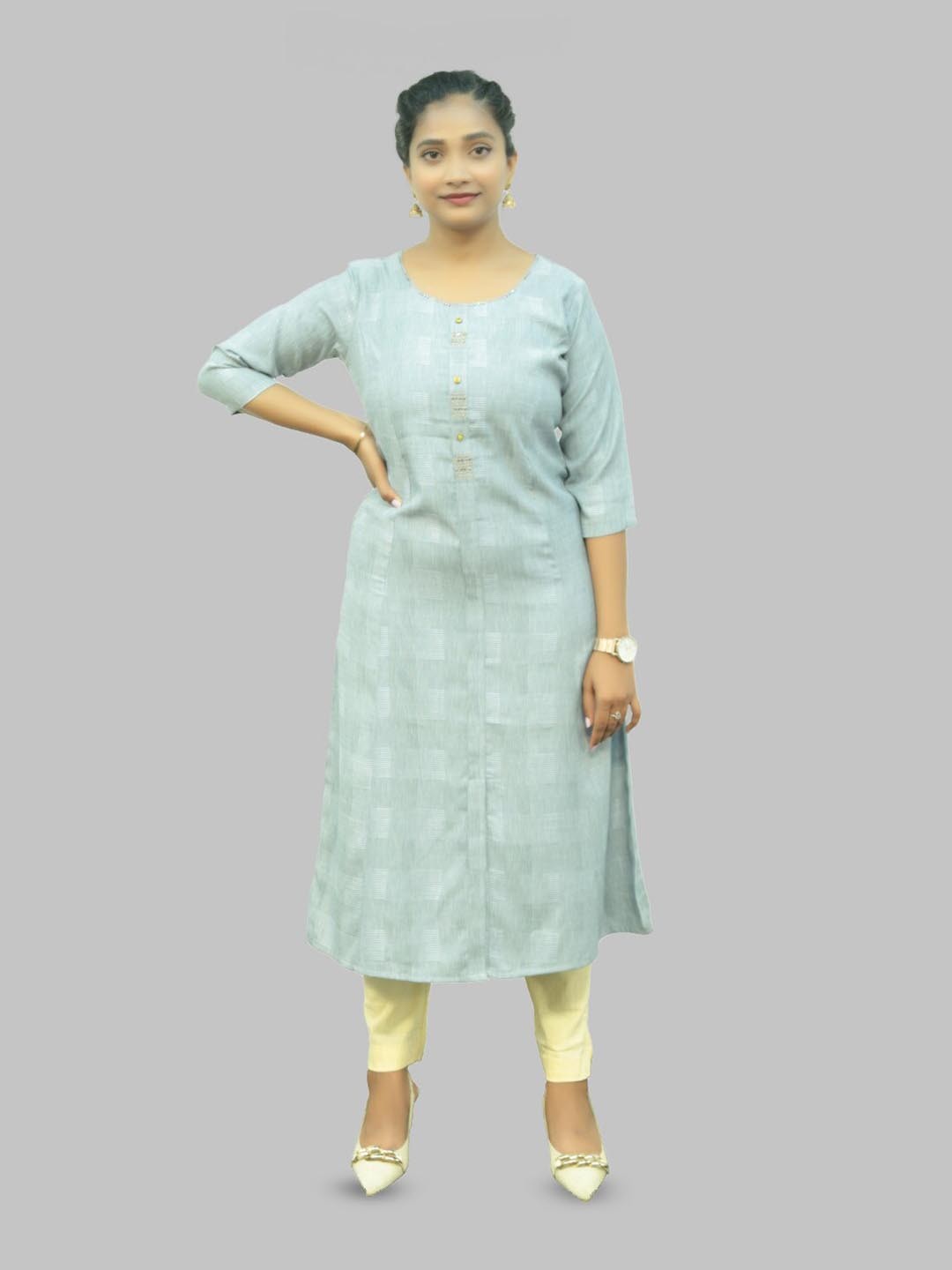 

PUSHKARA Checked Pure Cotton Kurta, Sea green
