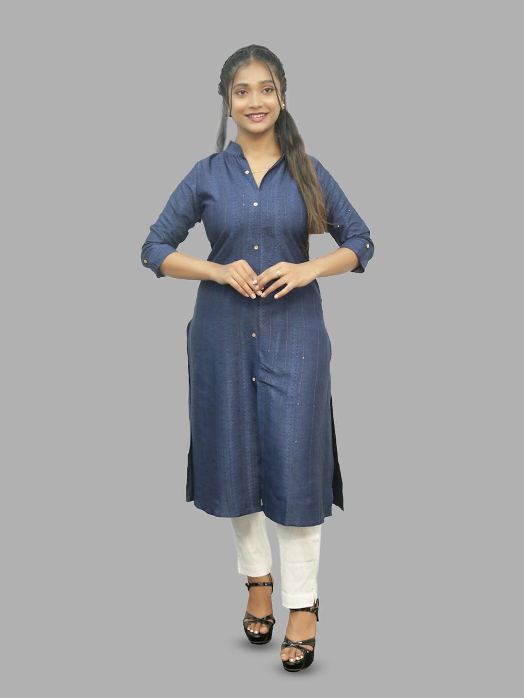 

PUSHKARA Striped Mandarin Collar Pure Cotton Straight Kurta, Blue
