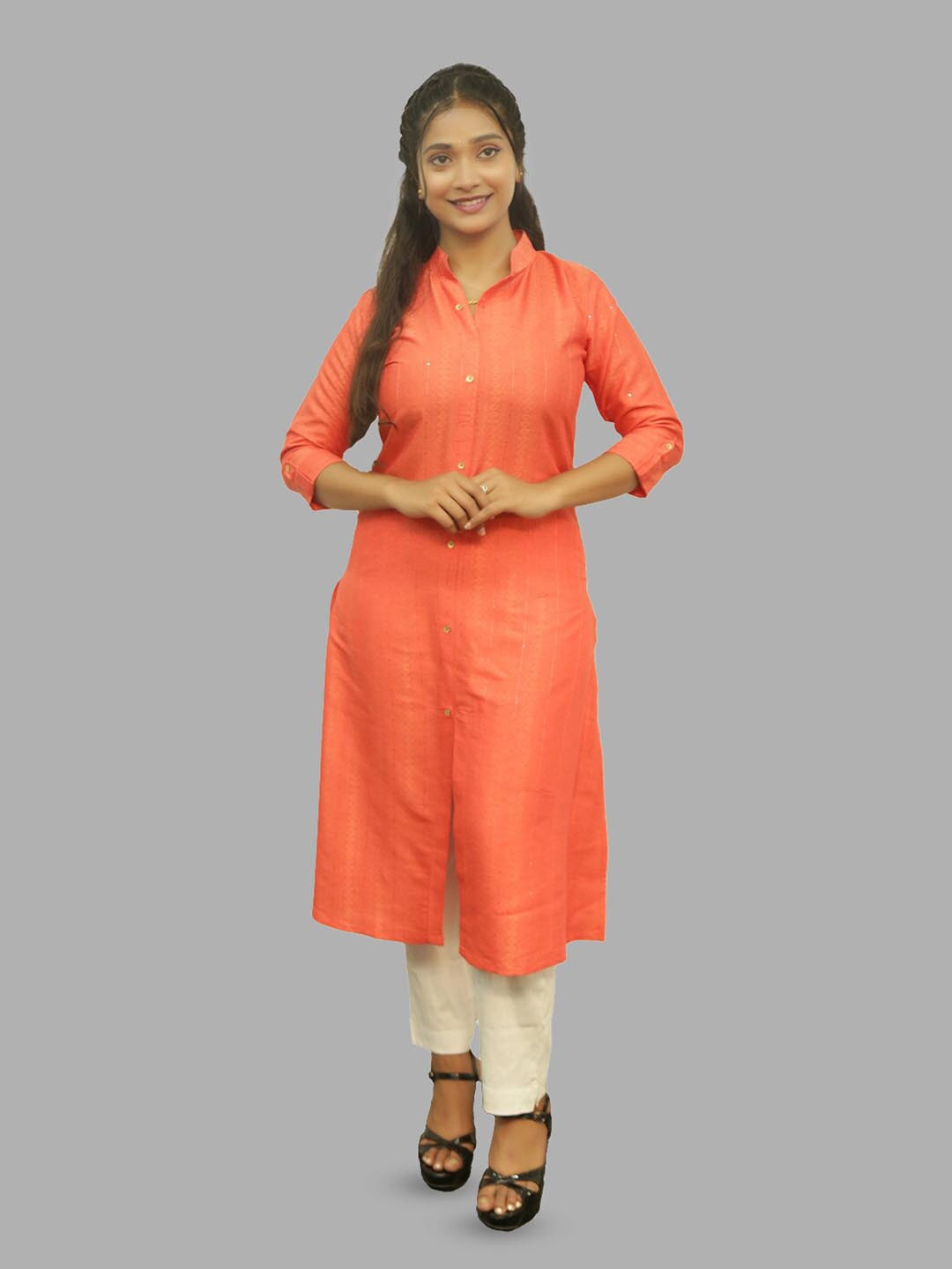 

PUSHKARA Self-Designed Pure Cotton Flared Sleeves Kurta, Coral