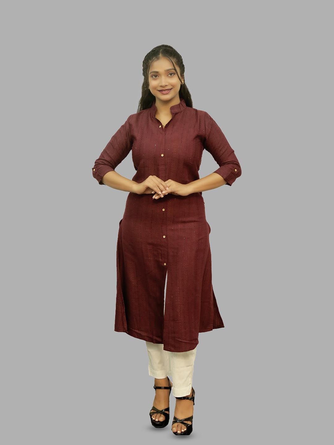 

PUSHKARA Printed Pure Cotton Flared Sleeves Kurta, Burgundy