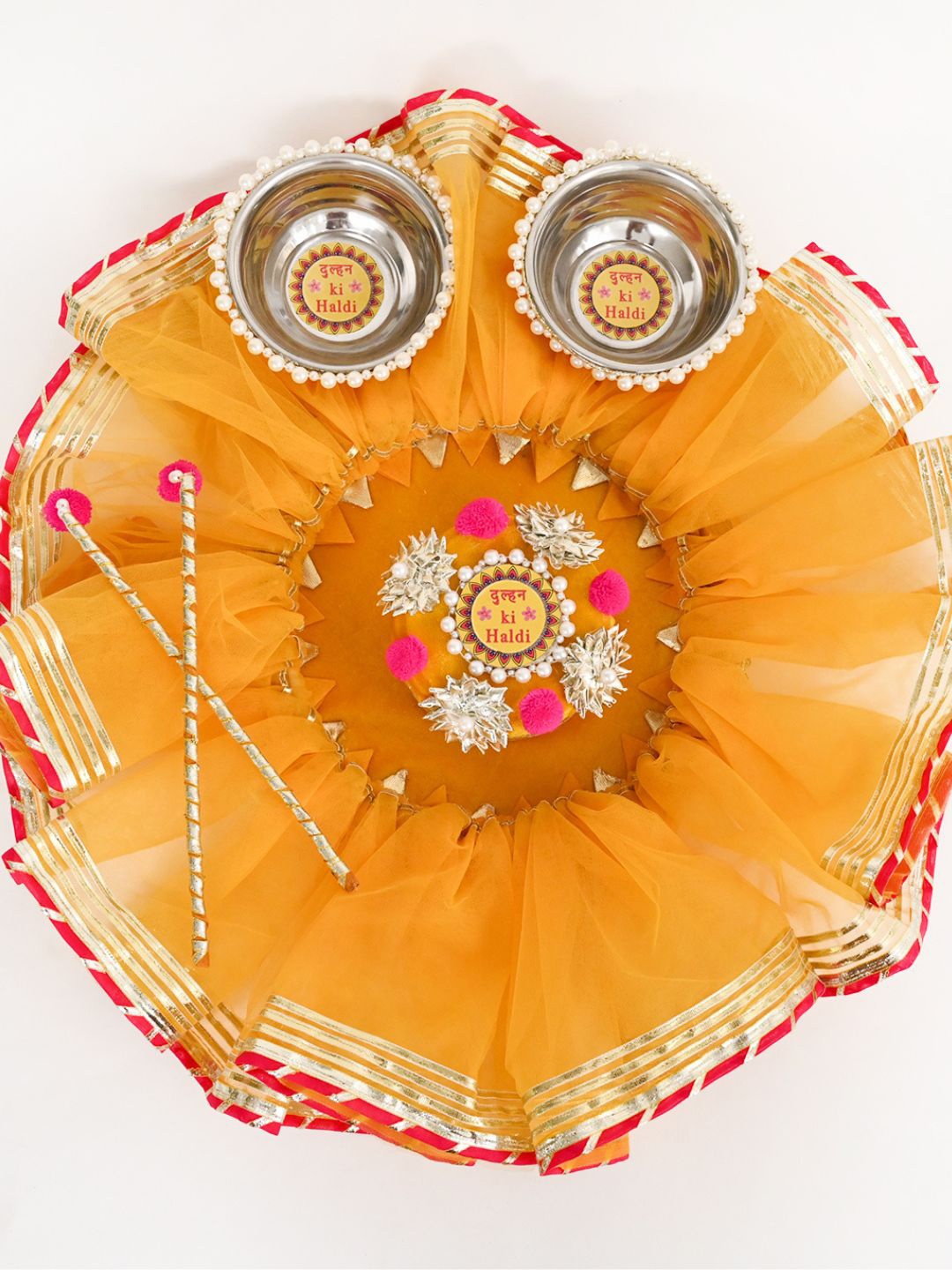 

DecorTwist Yellow & Pink Floral Metal Haldi Platter