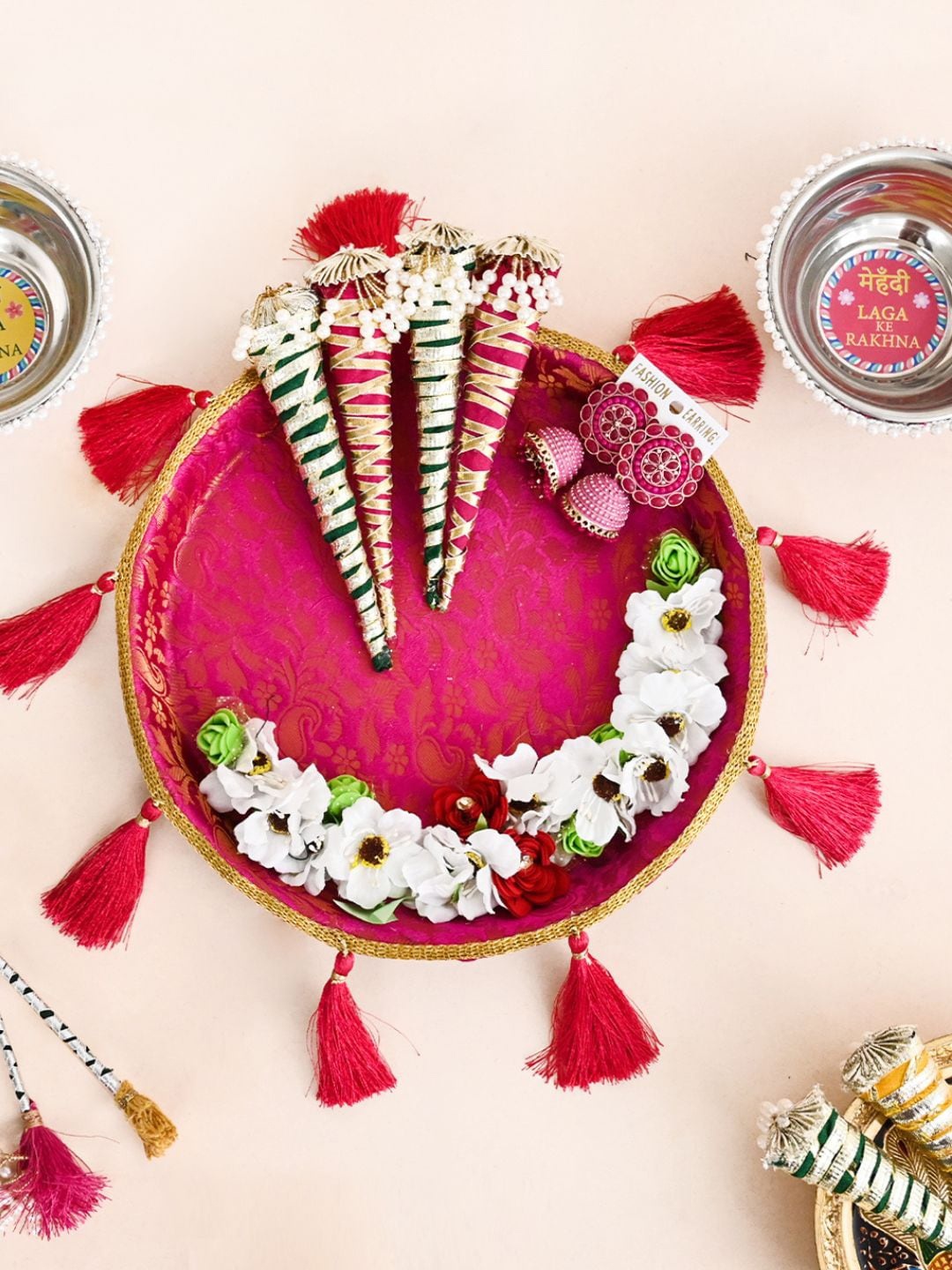 DecorTwist Dark Pink Traditional Decorative Mehndi Thali Platter