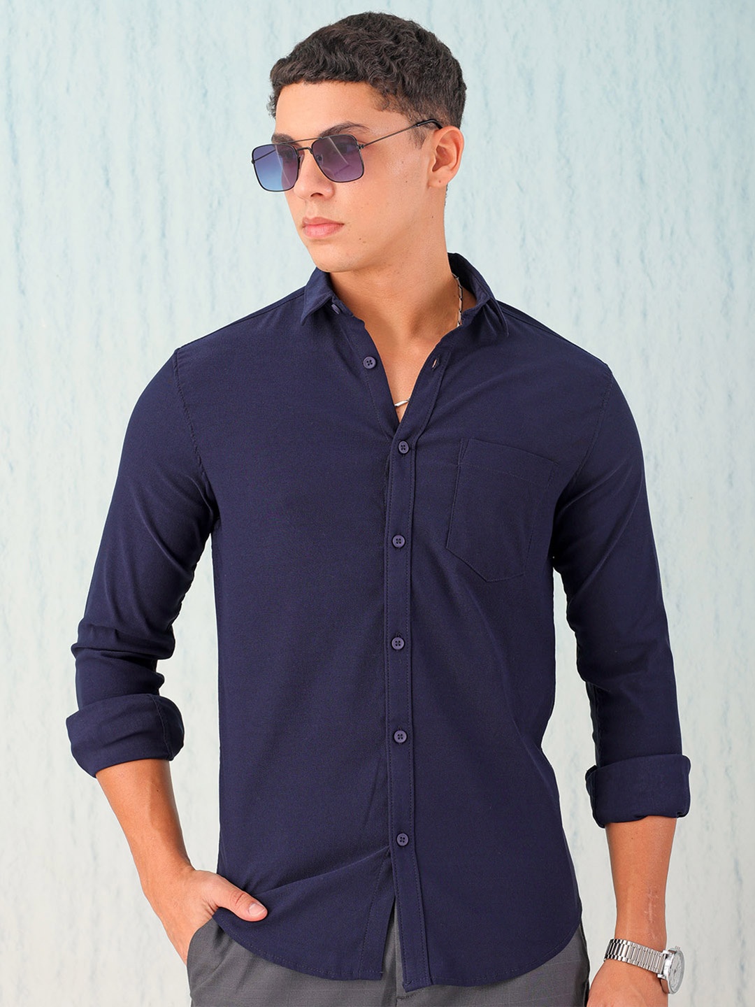 

HARDSODA Spread Collar Slim Fit Casual Shirt, Navy blue