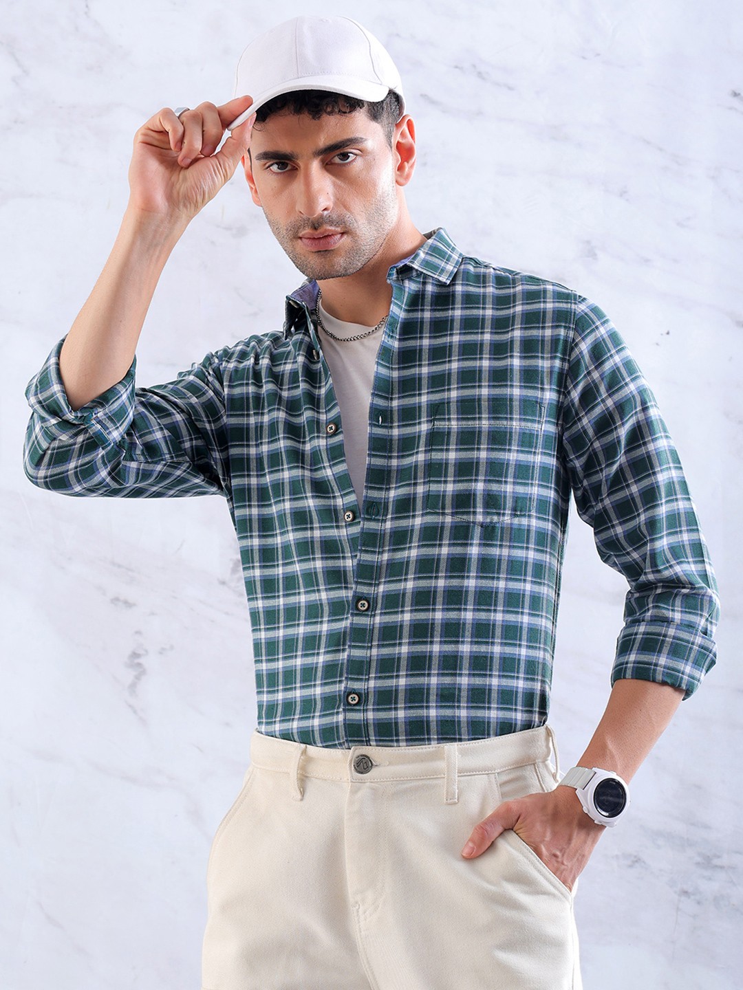 

HARDSODA Tartan Checked Slim Fit Casual Shirt, Green