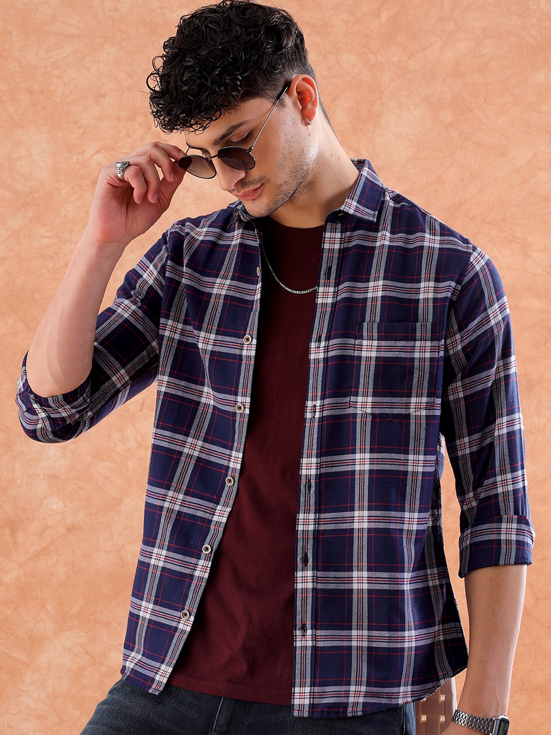 

HARDSODA Tartan Checked Regular Fit Casual Shirt, Navy blue