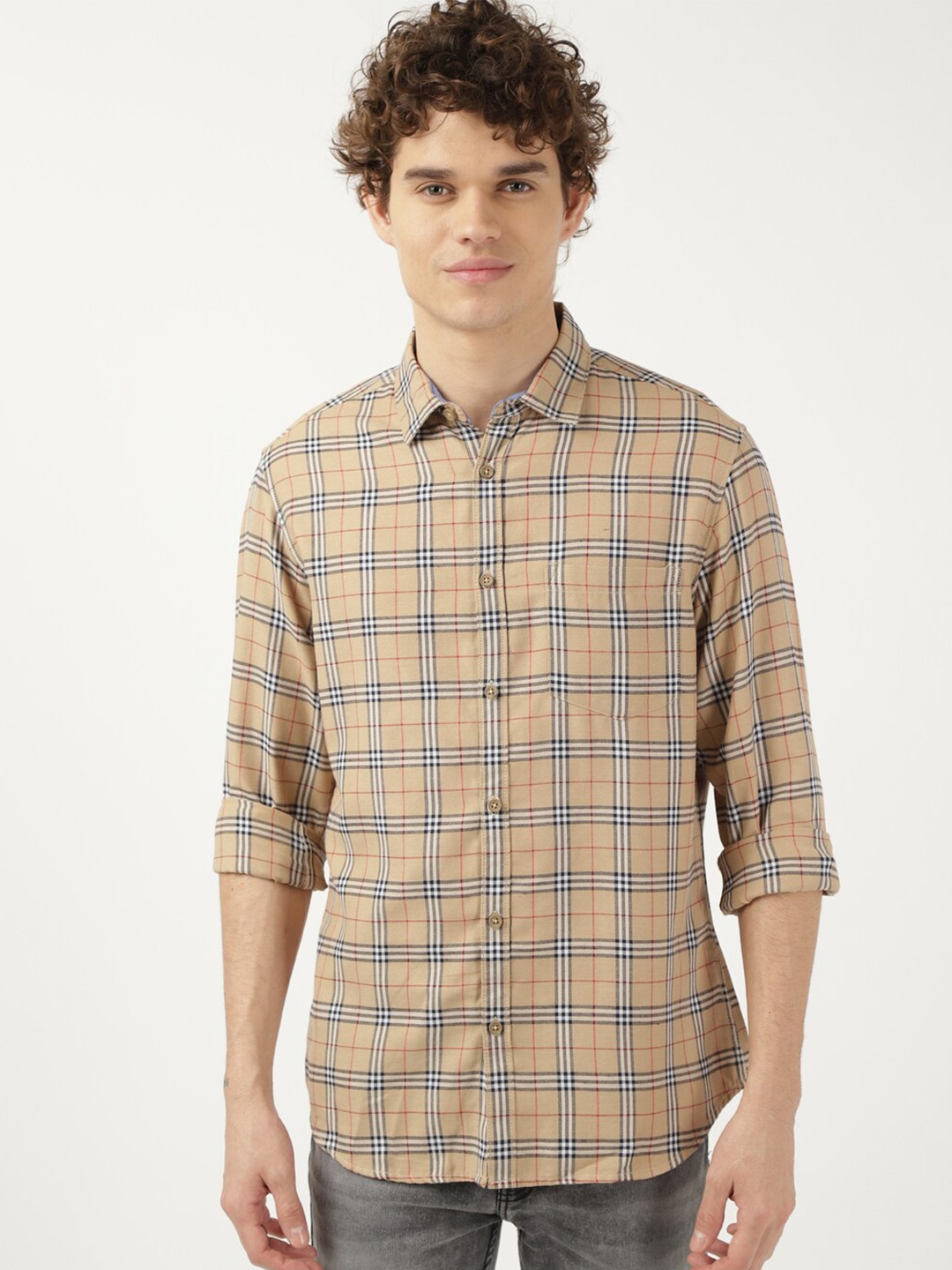 

Hardsoda by The Indian Garage Co Tartan Checked Regular Fit Cotton Casual Shirt, Beige