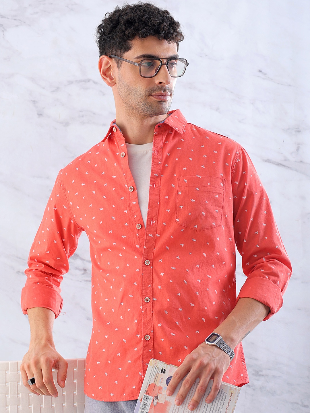 

Hardsoda by The Indian Garage Co Conversational Printed Regular Fit Cotton Casual Shirt, Orange