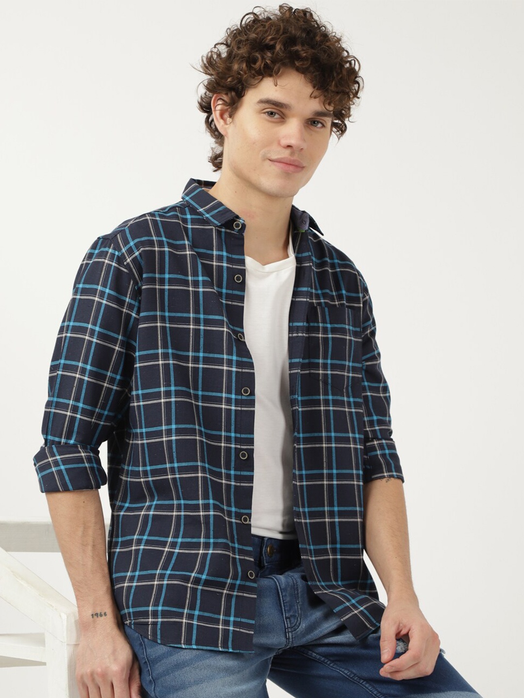 

Hardsoda by The Indian Garage Co Tartan Checks Cotton Casual Shirt, Navy blue