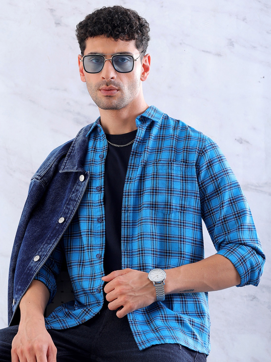 

Hardsoda by The Indian Garage Co Men Blue Slim Fit Checked Casual Shirt