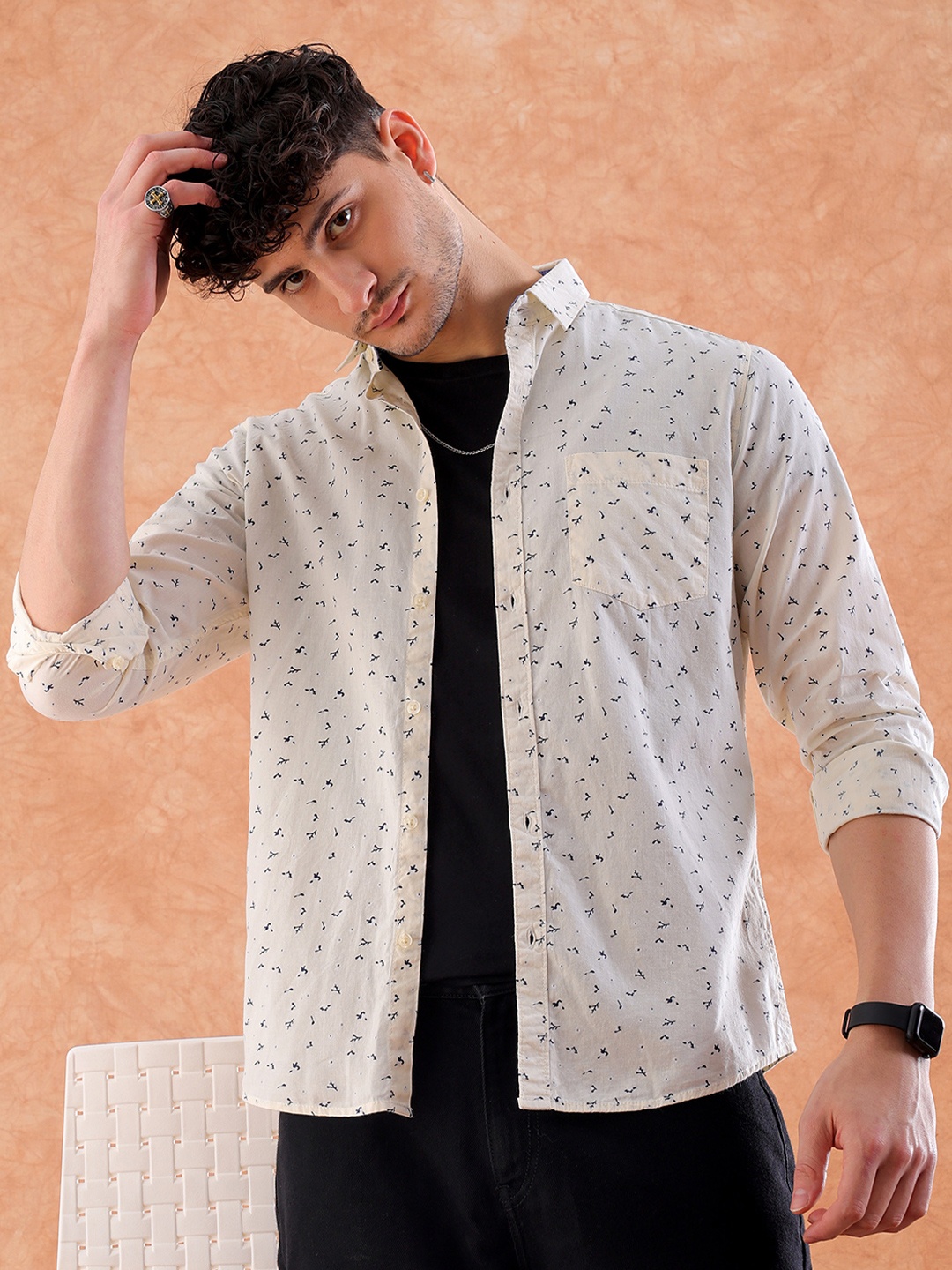 

Hardsoda by The Indian Garage Co Micro Ditsy Printed Cotton Casual Shirt, Cream