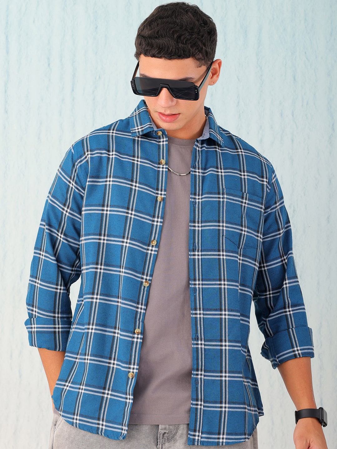 

Hardsoda by The Indian Garage Co Tartan Checked Twill Weave Casual Shirt, Teal