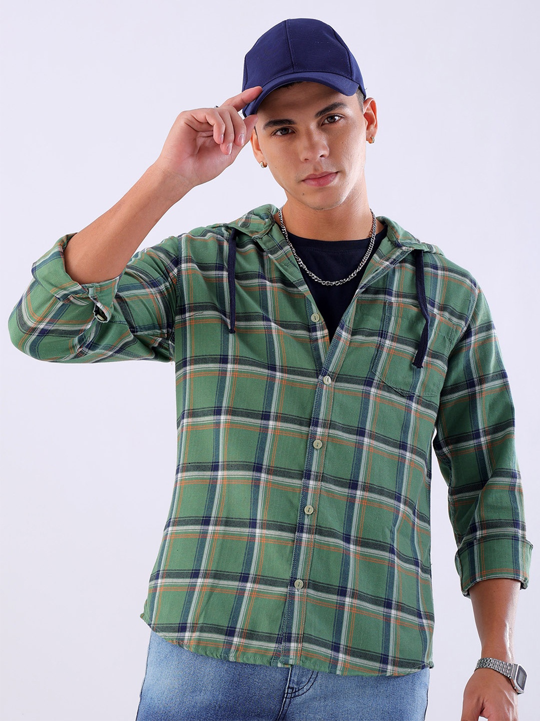 

Hardsoda by The Indian Garage Co Tartan Checked Hooded Cotton Casual Shirt, Green