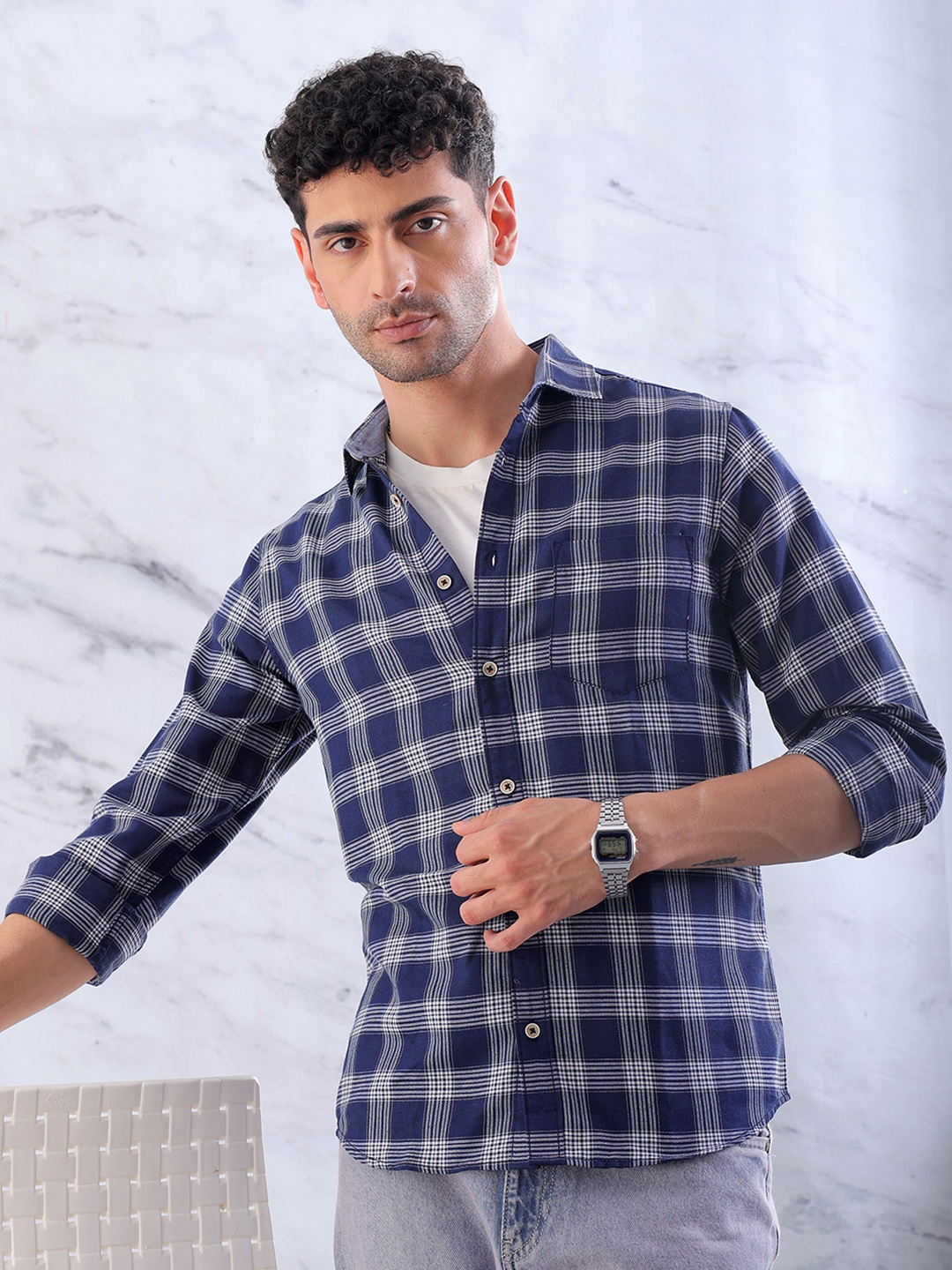 

Hardsoda by The Indian Garage Co Tartan Checked Casual Shirt, Navy blue