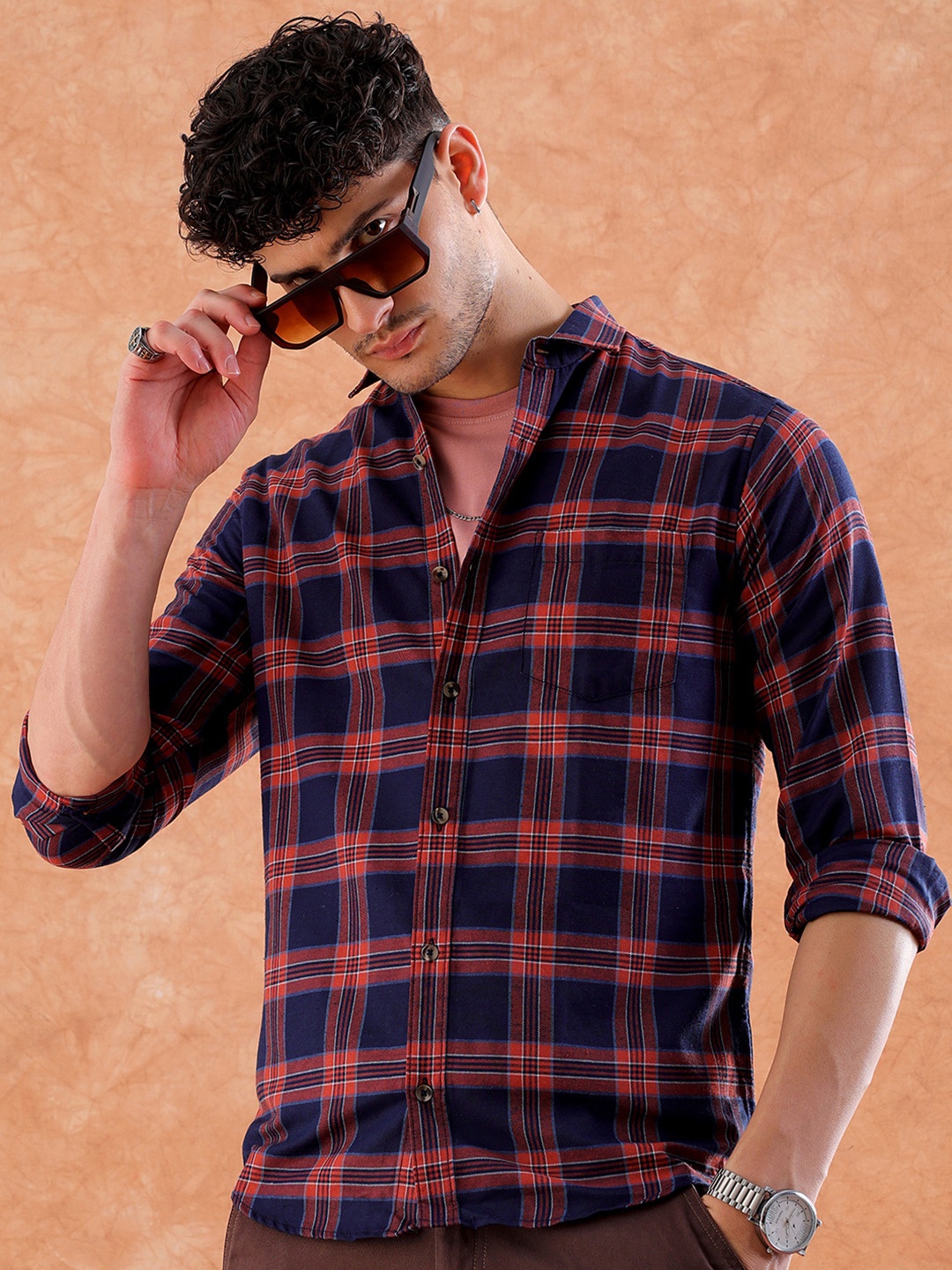 

HARDSODA Tartan Checked Twill Weave Casual Shirt, Navy blue